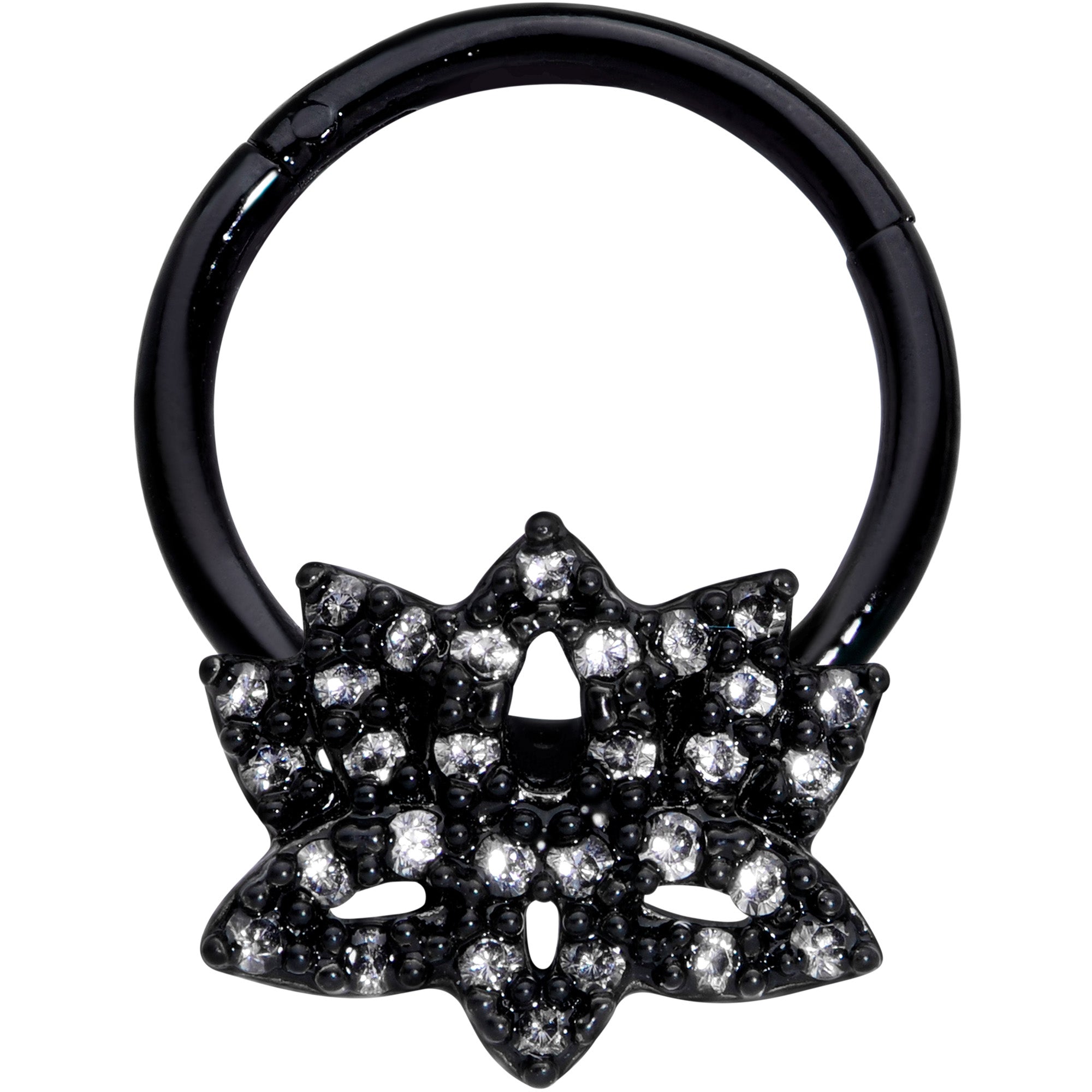16G 3/8 Clear CZ Gem Black Lotus Flower Hinged Segment Ring