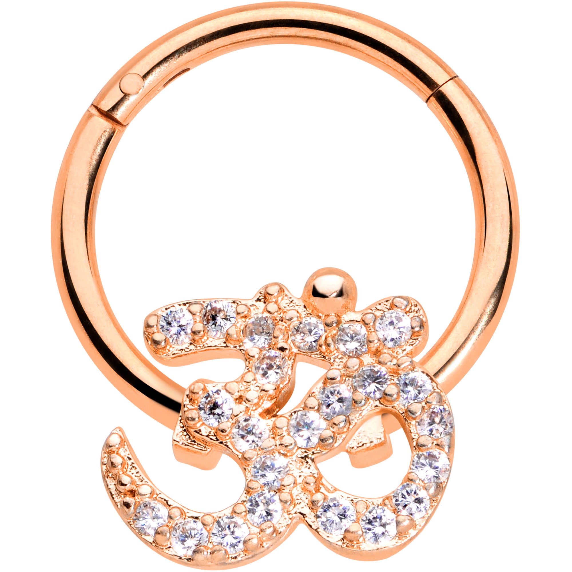 16G 3/8 Clear CZ Gem Rose Gold Tone Om Hinged Segment Ring