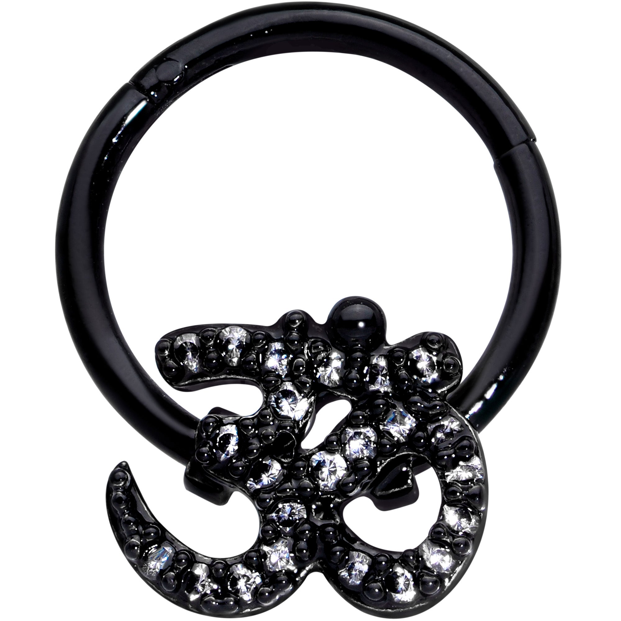 16G 3/8 Clear CZ Gem Black Amazing Om Hinged Segment Ring