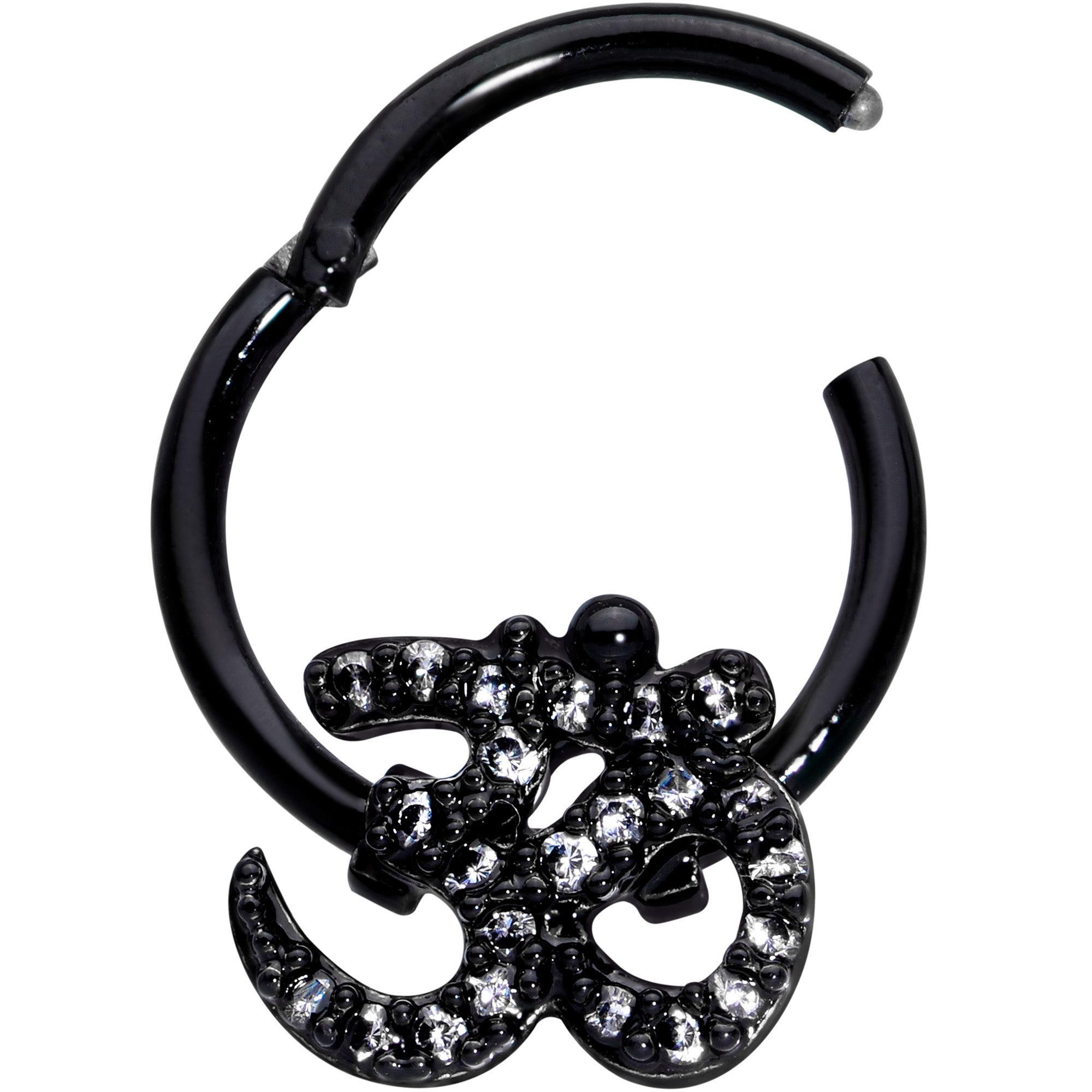 16G 3/8 Clear CZ Gem Black Amazing Om Hinged Segment Ring