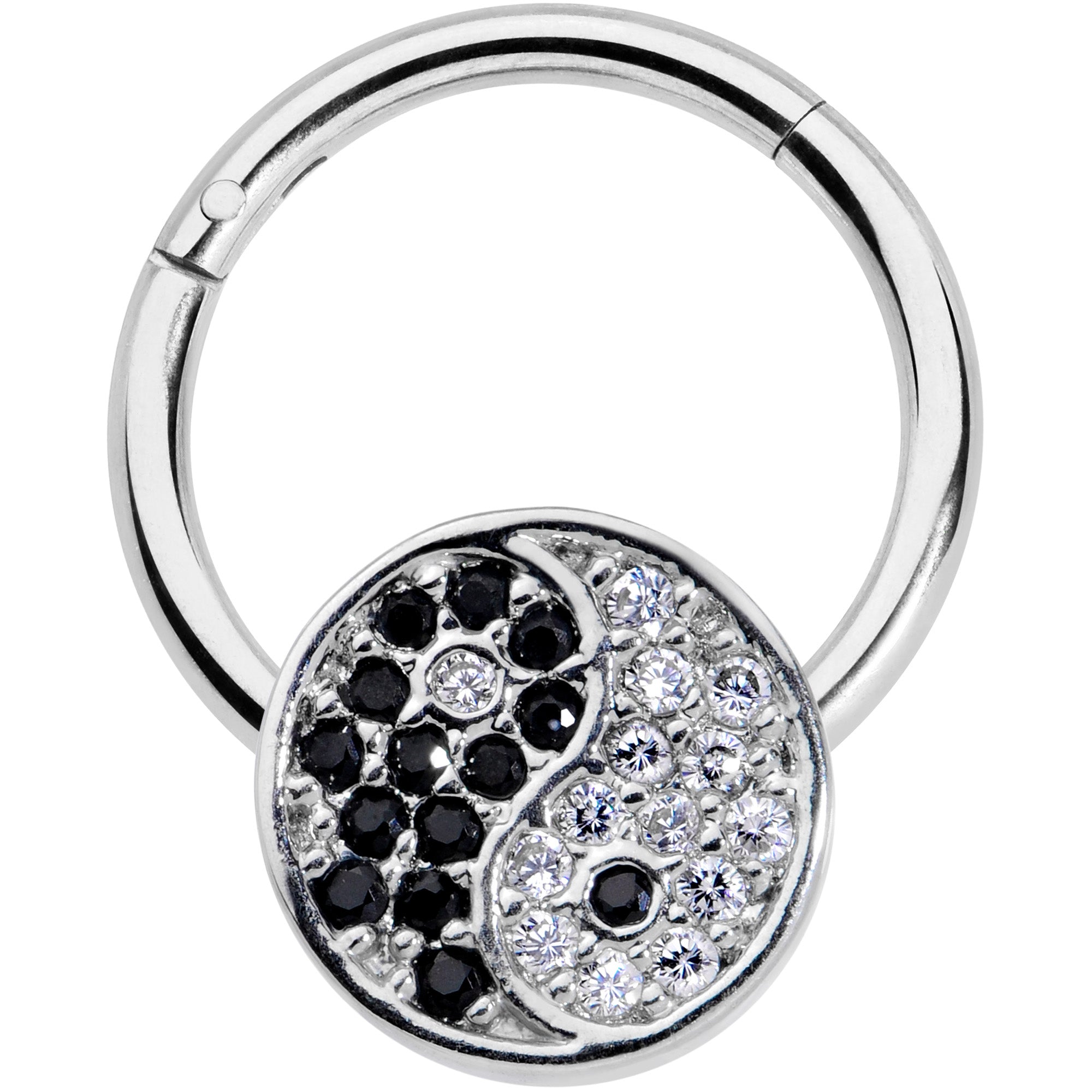 16G 3/8 Clear Black CZ Gem Yin Yang Hinged Segment Ring