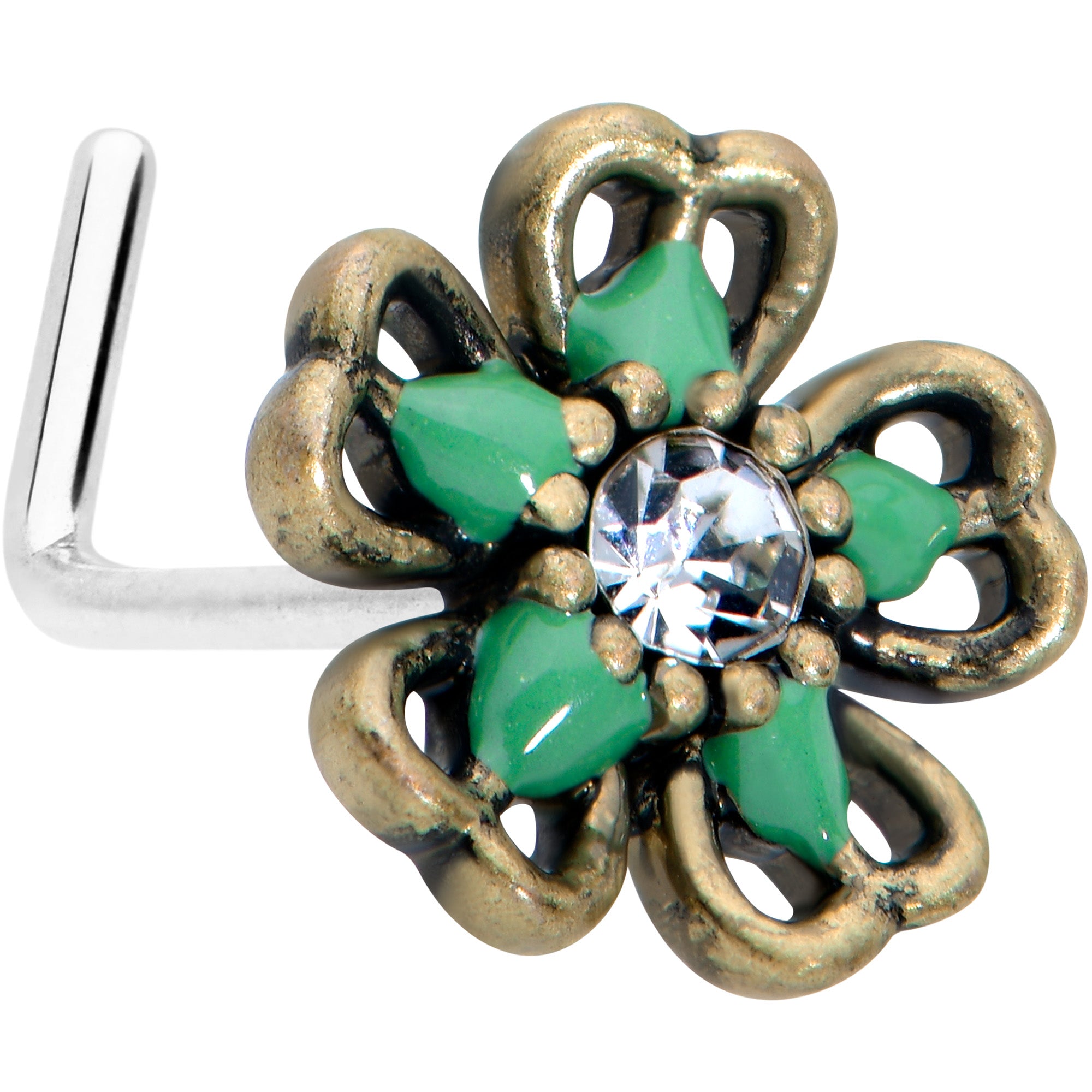 20G 7.5mm Gold Tone Green Flower St Patrick Day L Shape Nose Ring