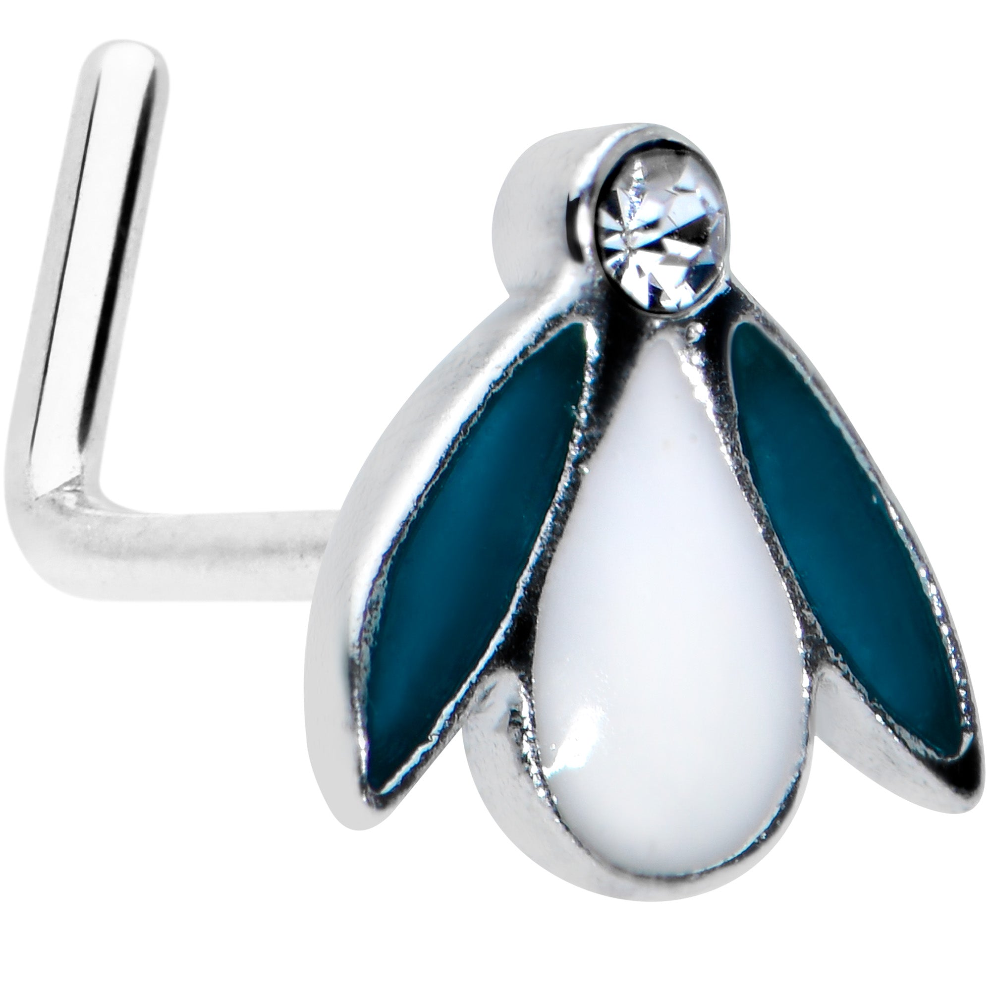 20G 7.5mm Clear Gem Blue White Leaves L Shaped Nose Ring