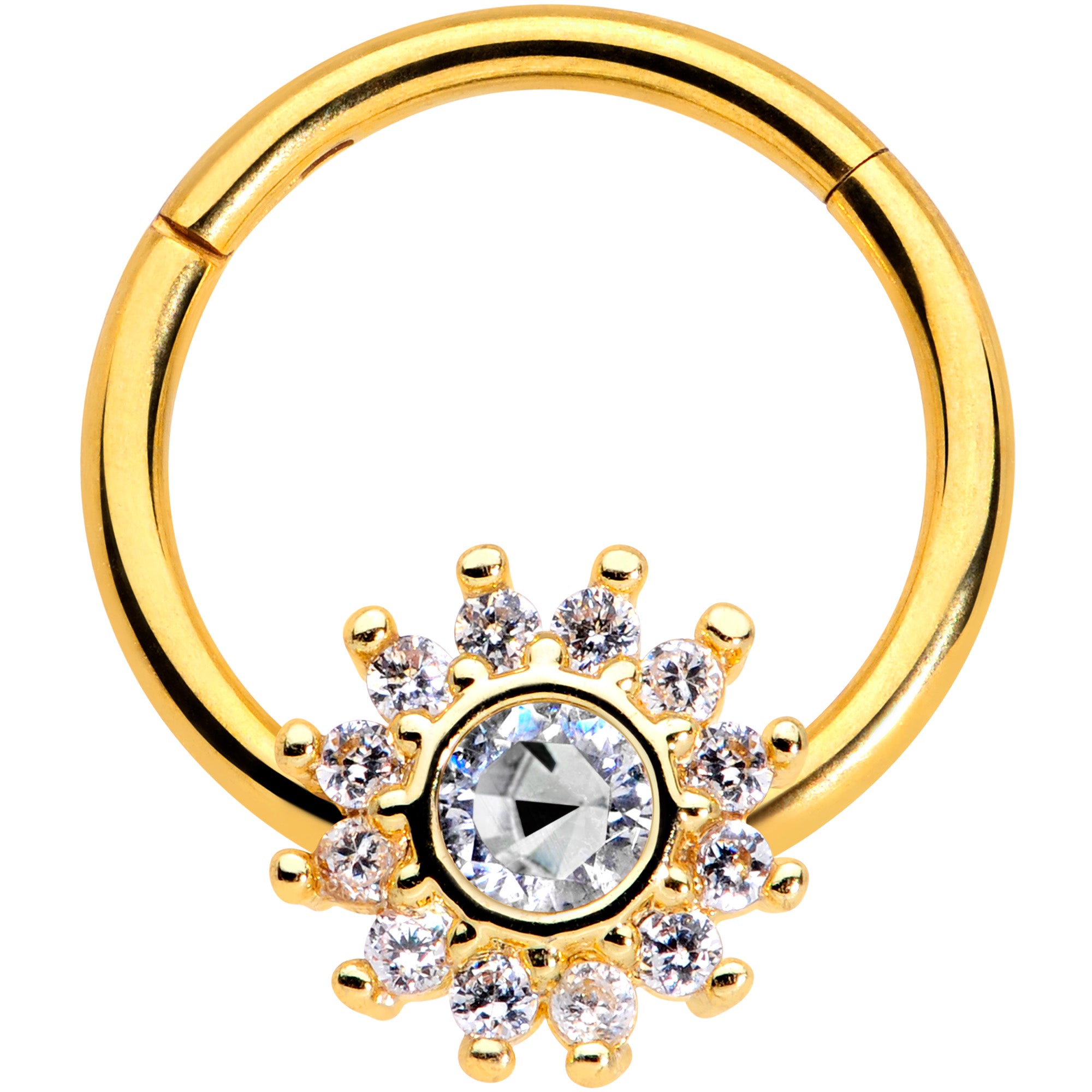 16G 3/8 Clear Gem Gold Tone Baroque Sun Hinged Segment Ring