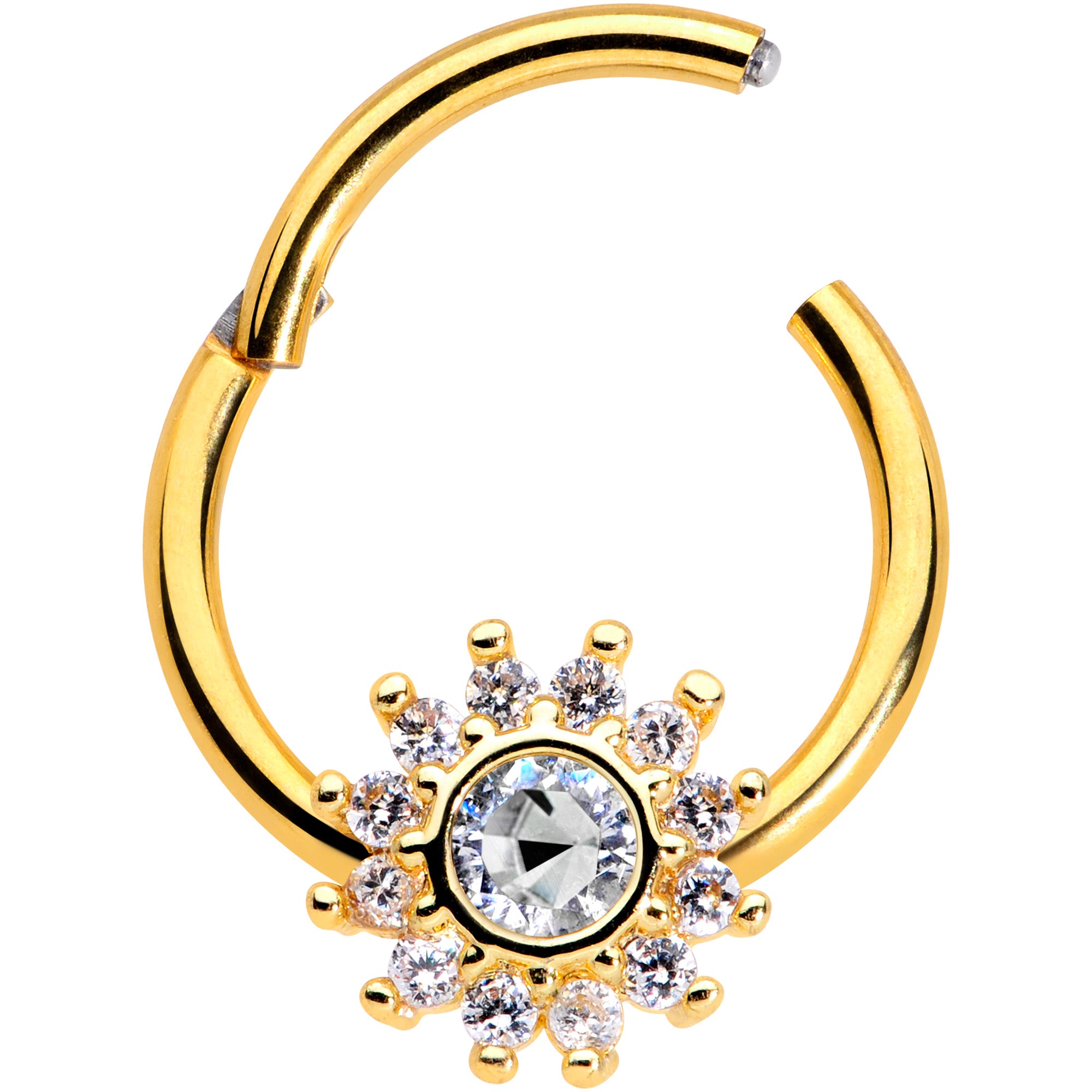 16G 3/8 Clear Gem Gold Tone Baroque Sun Hinged Segment Ring