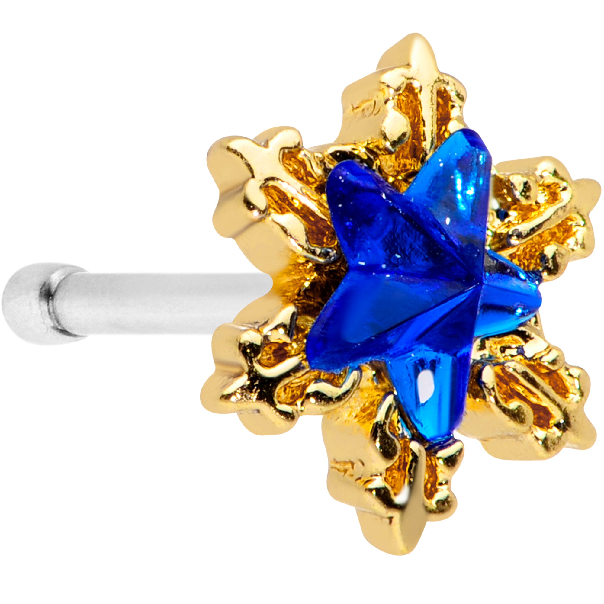 20G 7mm Blue Gem Gold Tone Star Nose Bone