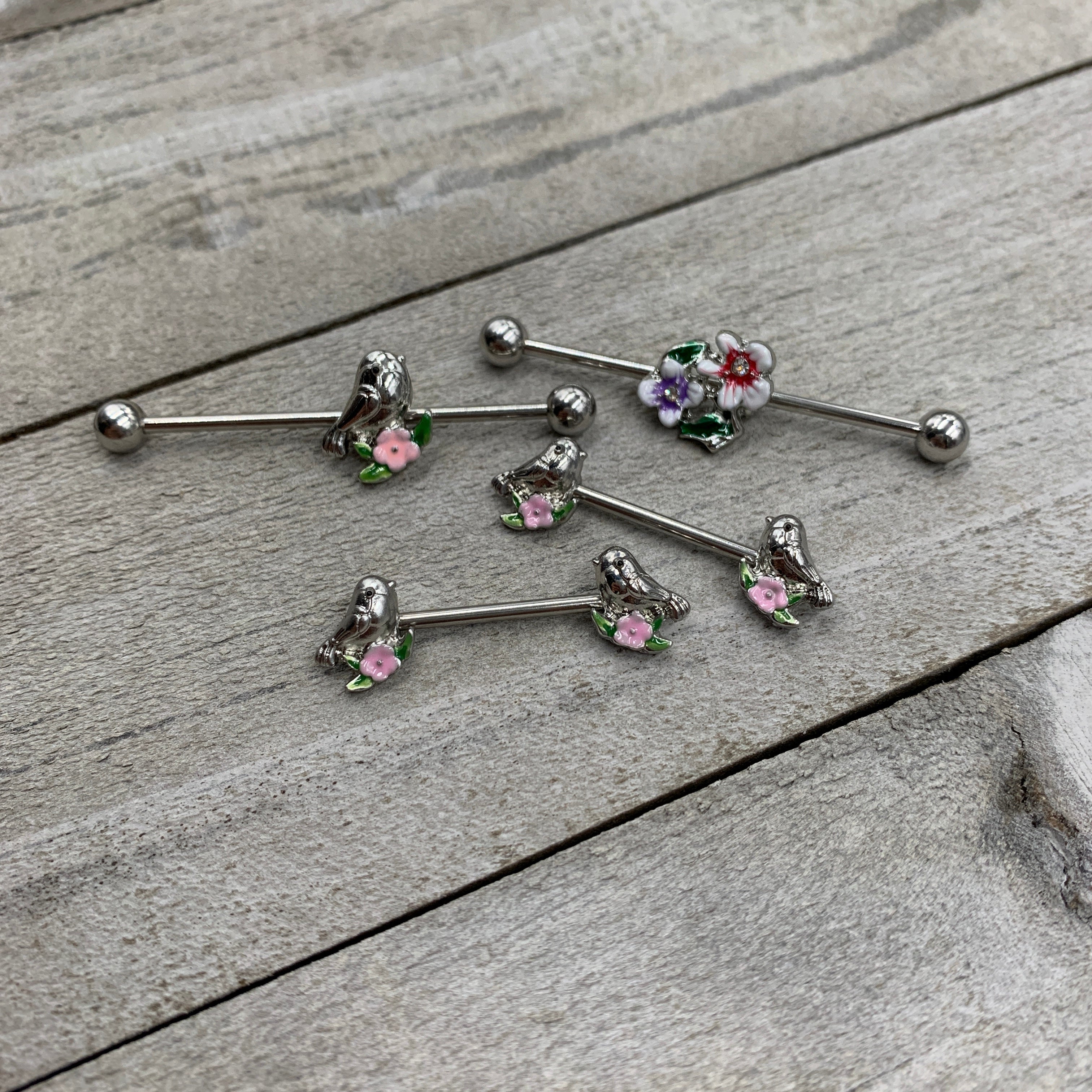 14G 9/16 Bird Pink Flower Barbell Nipple Ring Set