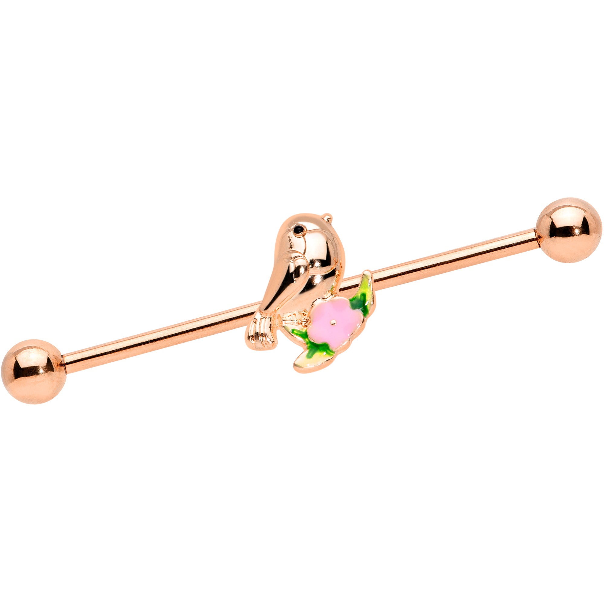 14G Rose Gold Tone Bird Pink Flower Industrial Barbell 38mm