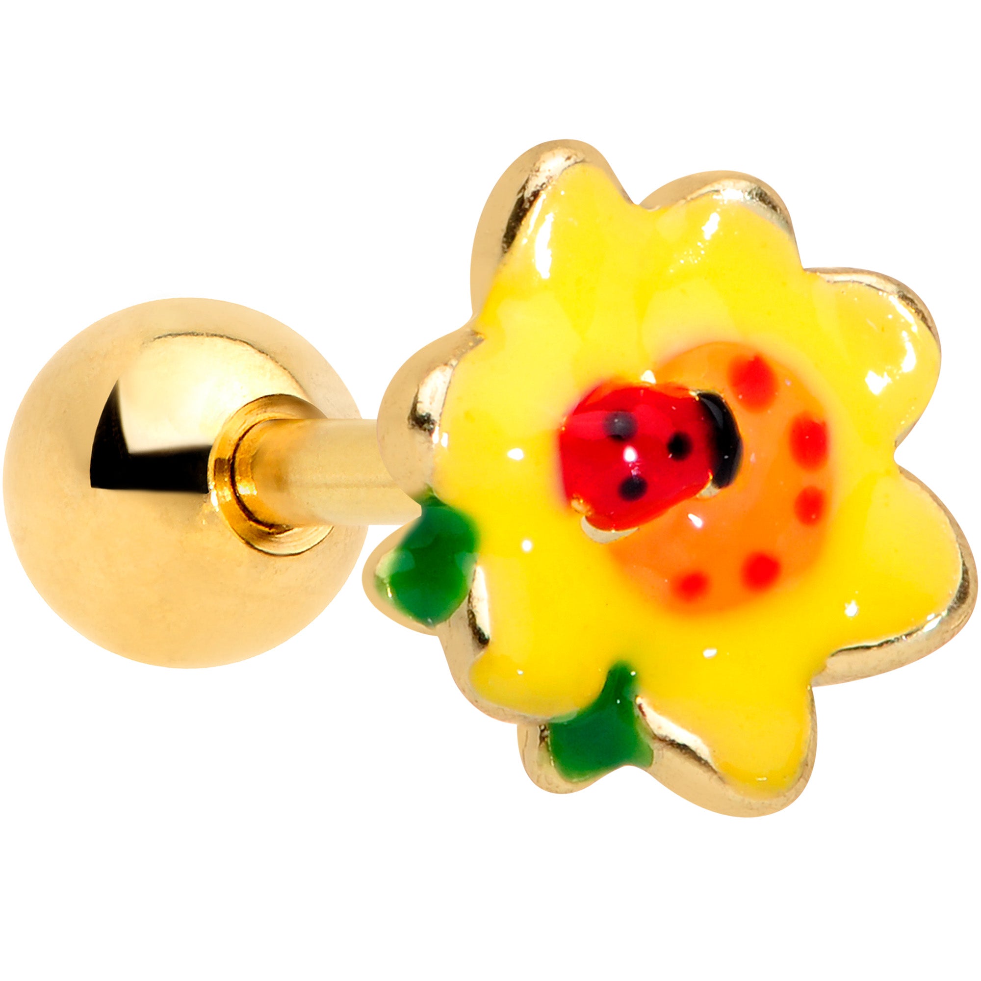 16G 1/4 Gold Tone Sunny Flower Ladybug Cartilage Tragus