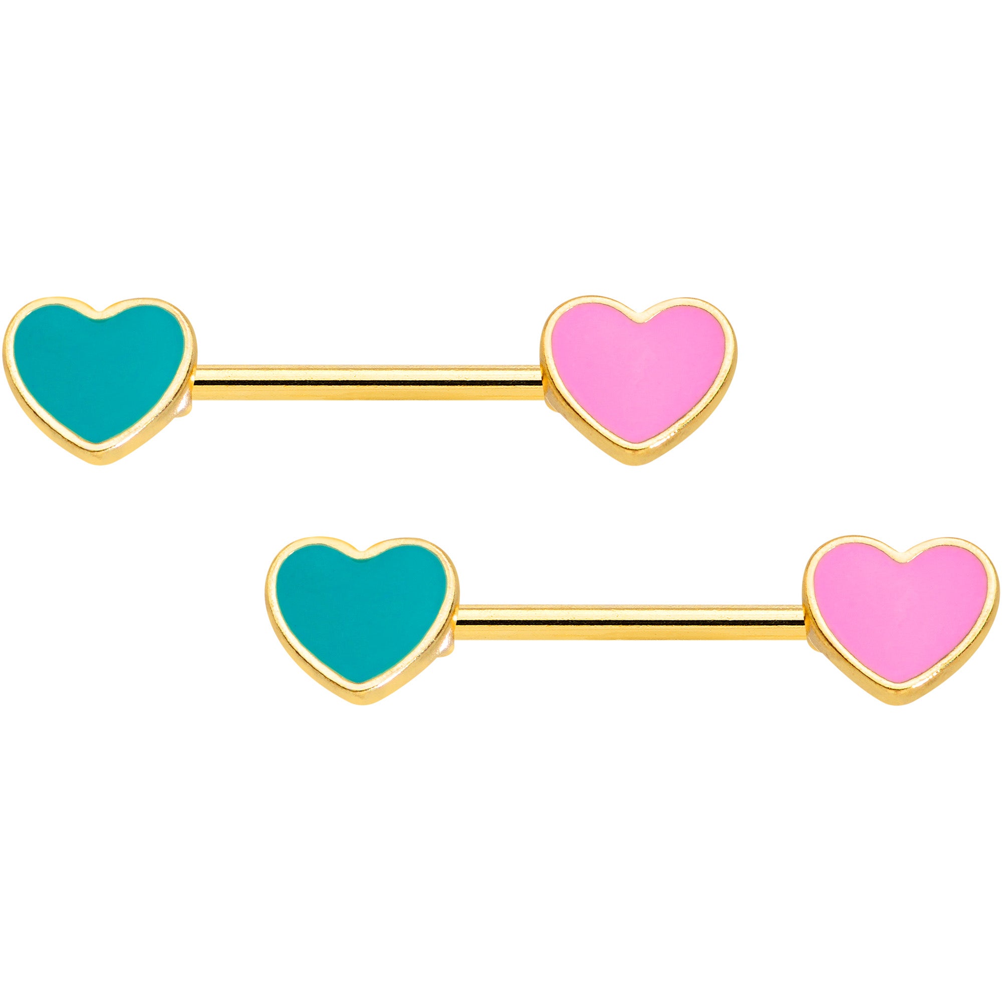 14G 9/16 Gold Tone Pink Teal Heart Valentines Day Nipple Ring Set