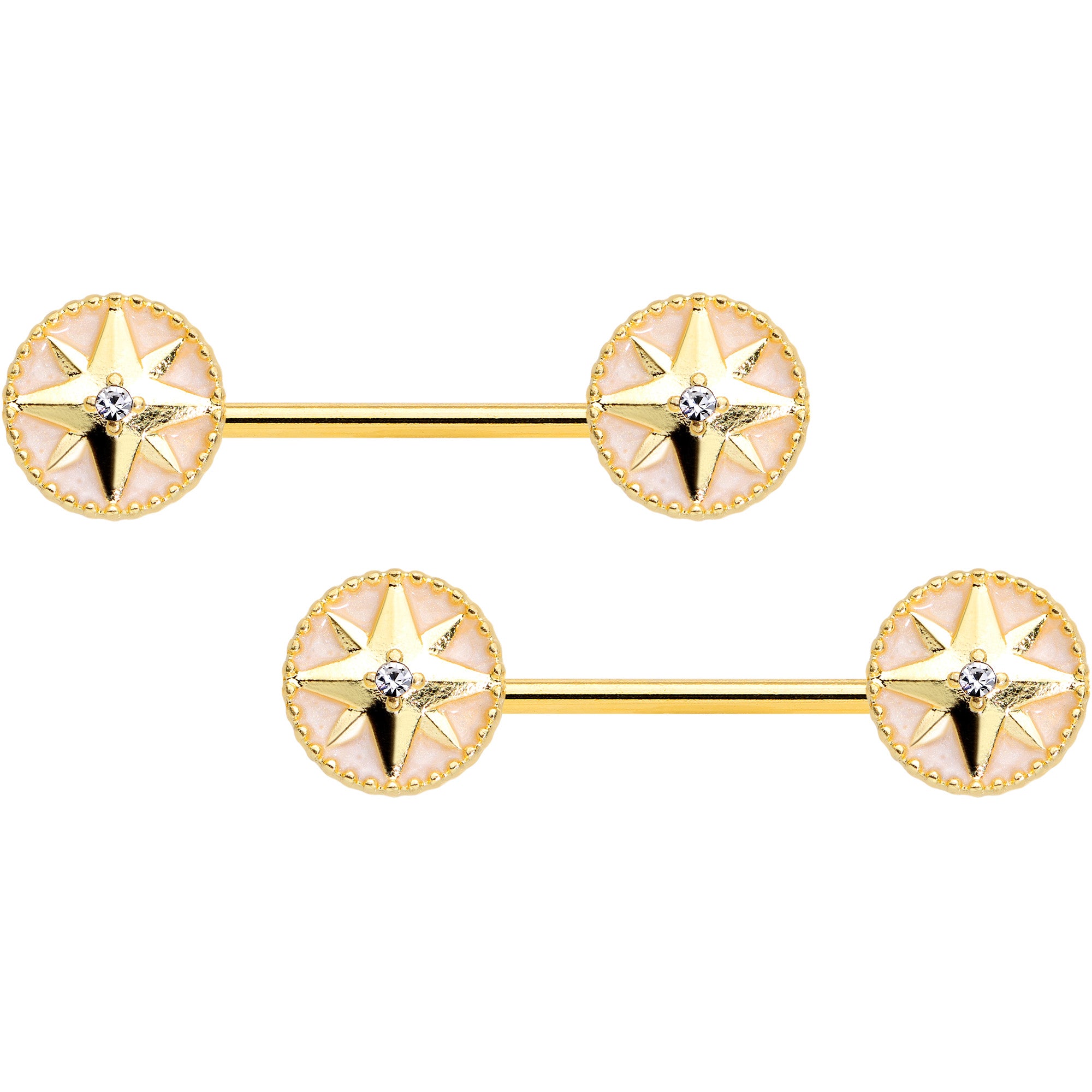 14G 5/8 Clear Gem Gold Tone Sailors Compass Barbell Nipple Ring Set