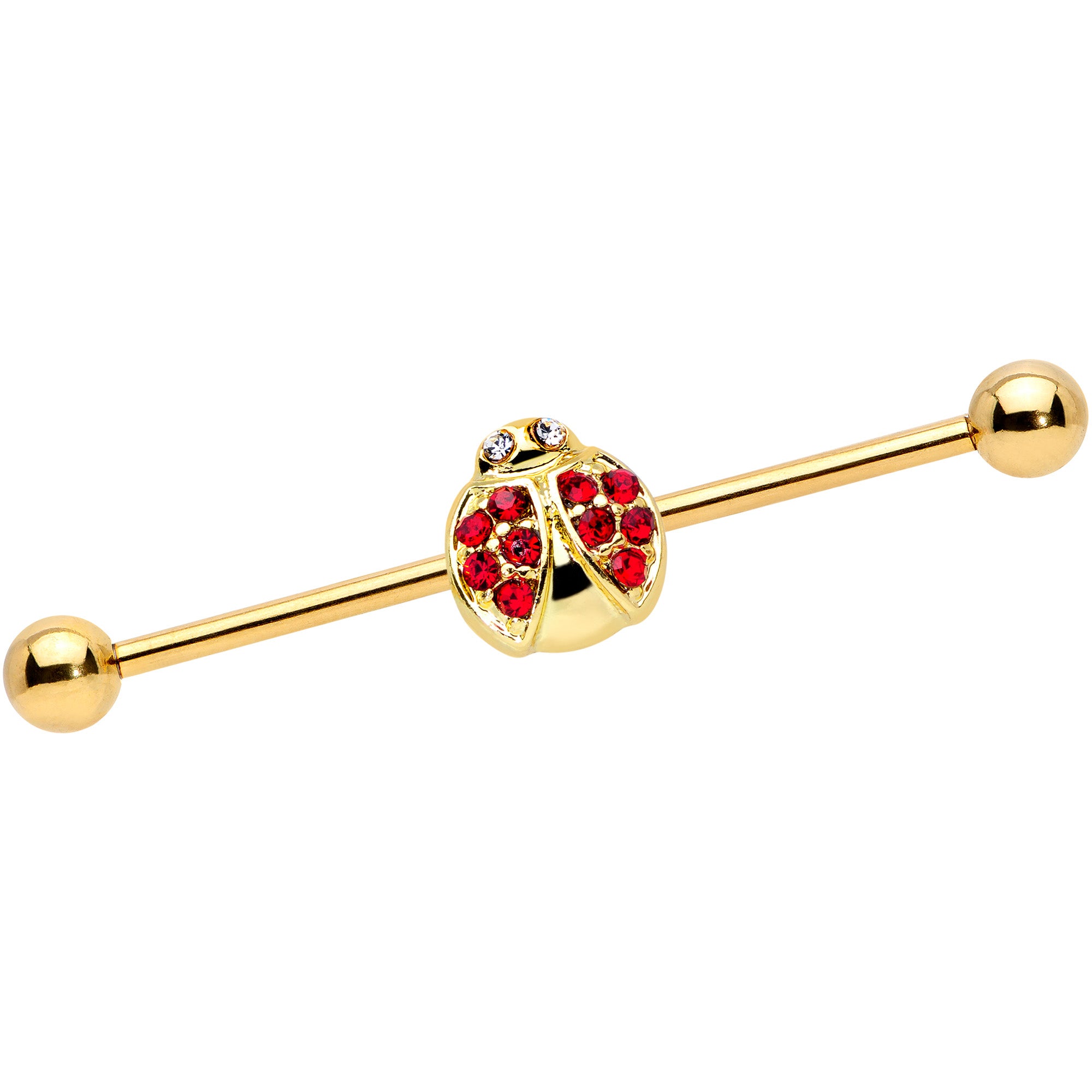 14G Red Gem Gold Tone Ladybug Industrial Barbell 38mm