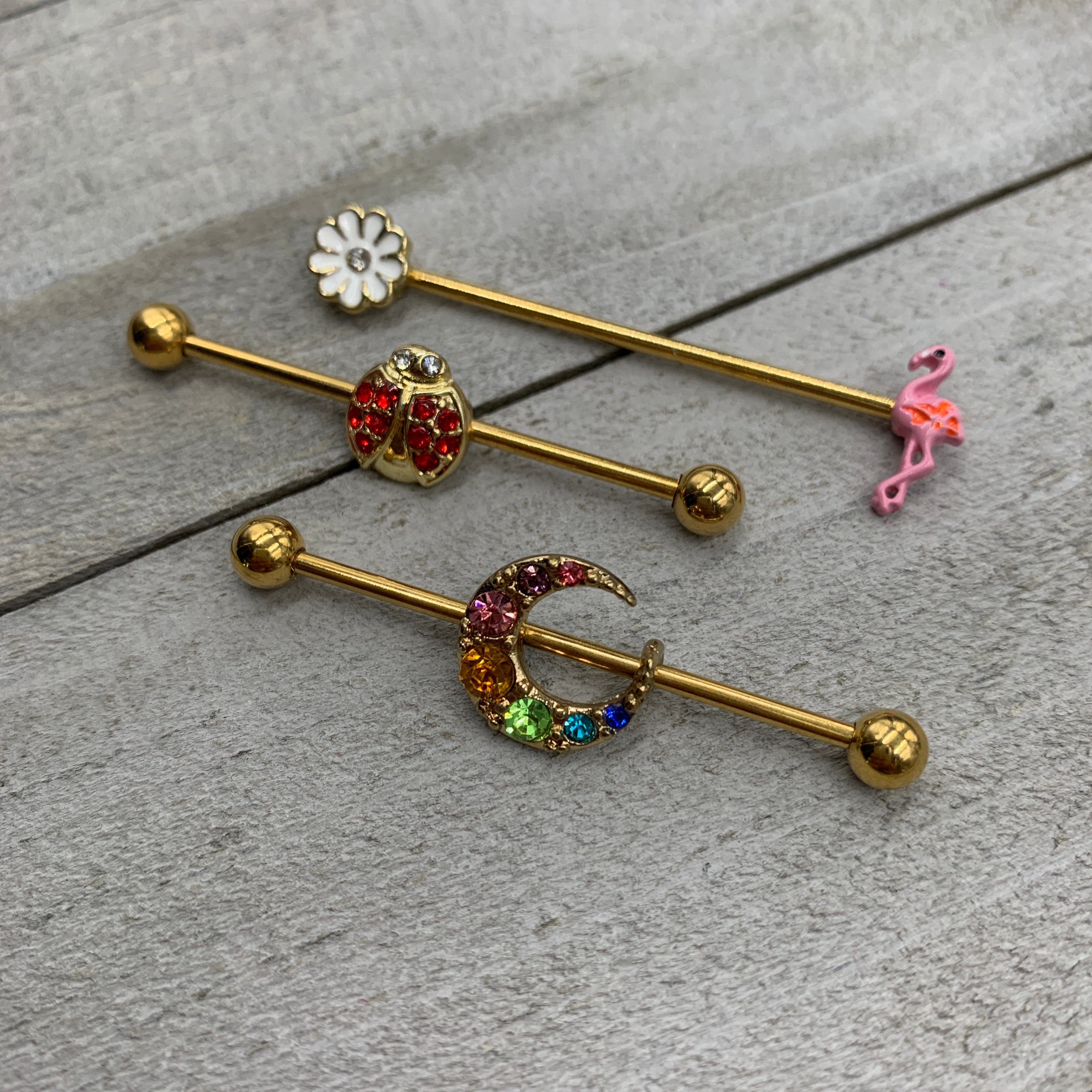 14G Clear Gem Gold Hue Flower Flamingo Industrial Barbell 38mm