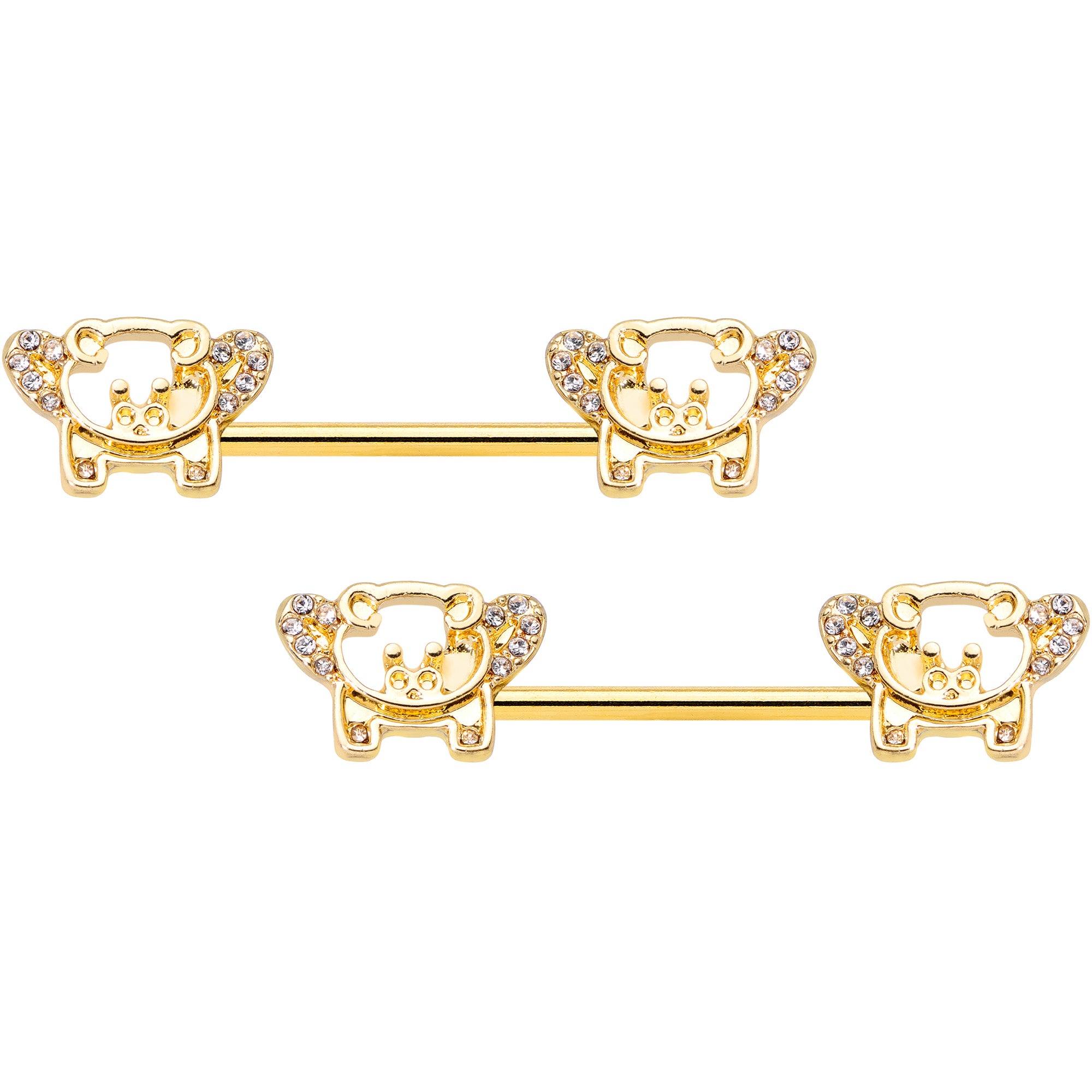 14G 9/16 Clear Gem Gold Tone Flying Pig Barbell Nipple Ring Set