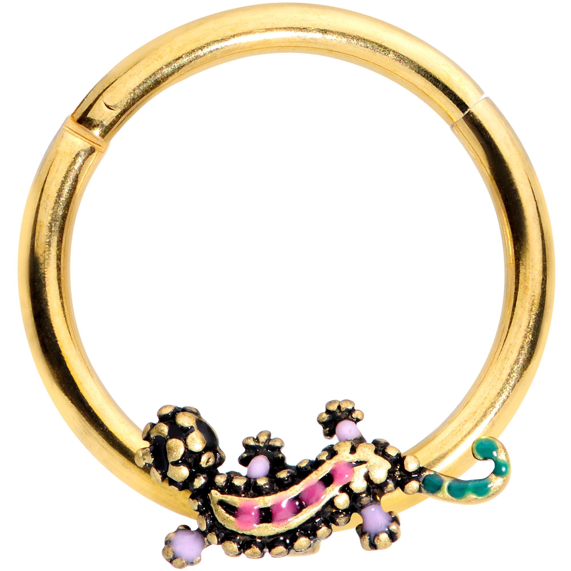 16G 3/8 Pink Green Gem Gold Tone Lovely Lizard Hinged Segment Ring