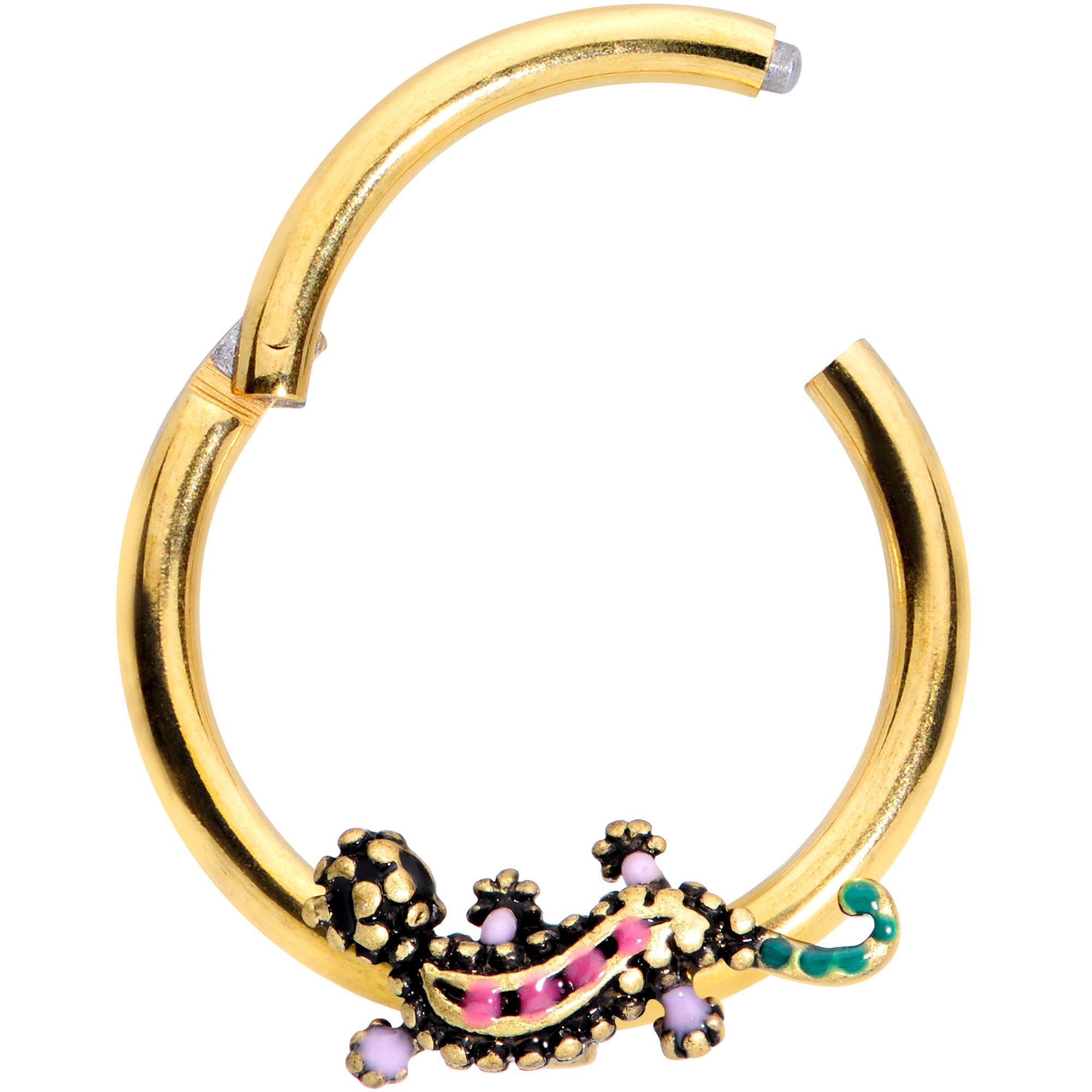 16G 3/8 Pink Green Gem Gold Tone Lovely Lizard Hinged Segment Ring
