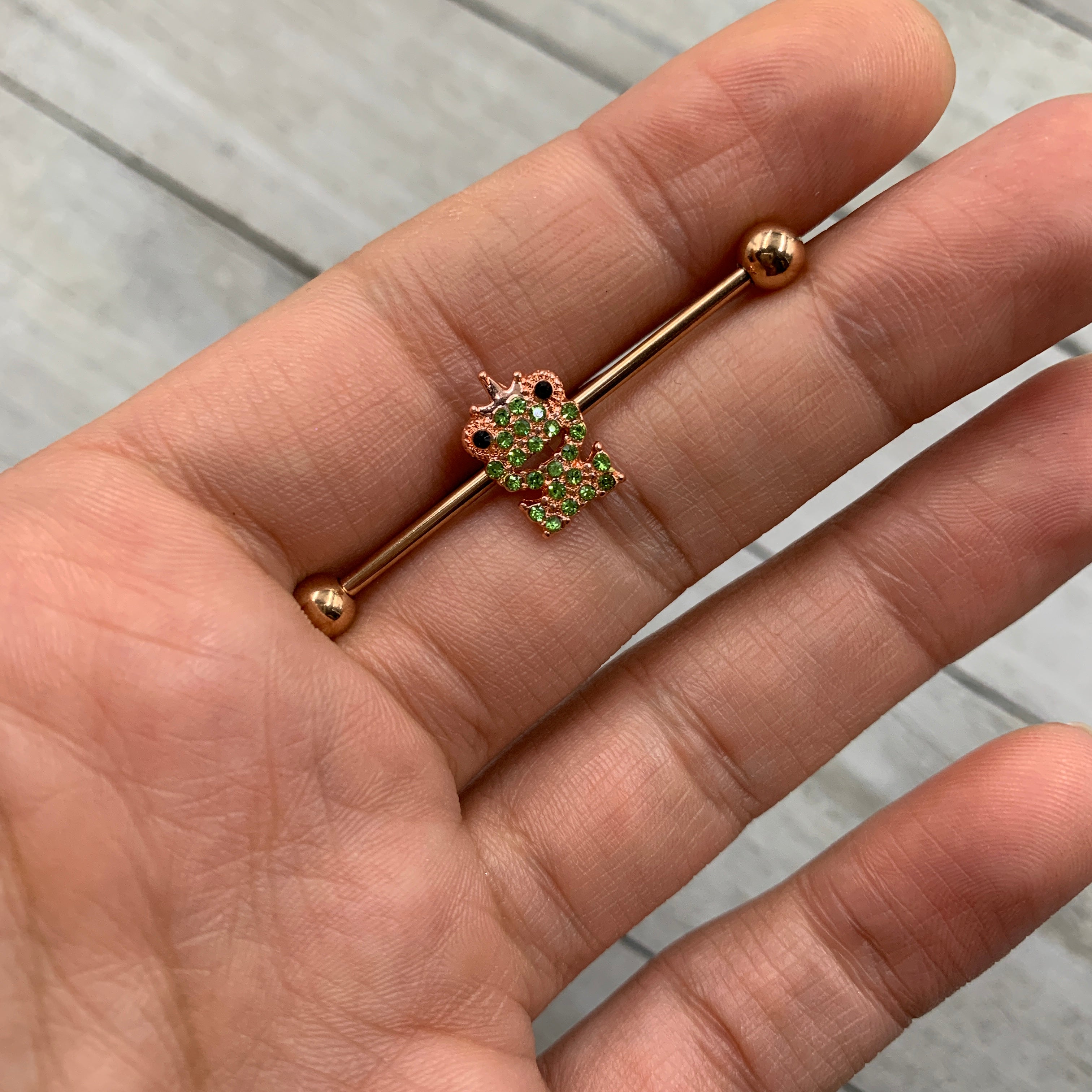 14G Green Gem Rose Gold Tone Royal Frog Industrial Barbell 38mm
