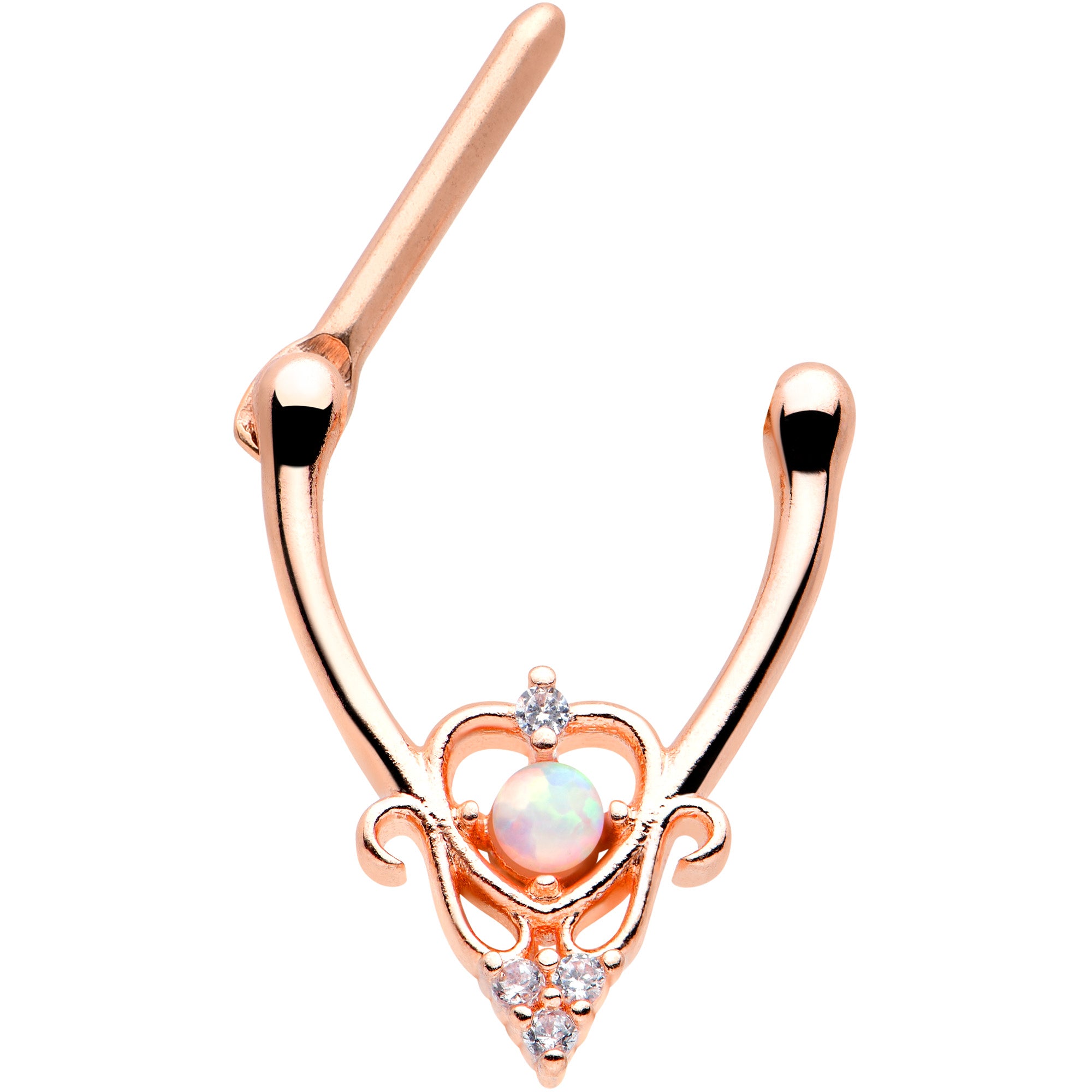 16G 5/16 White Synth Opal Rose Gold Tone Scroll Cartilage Clicker