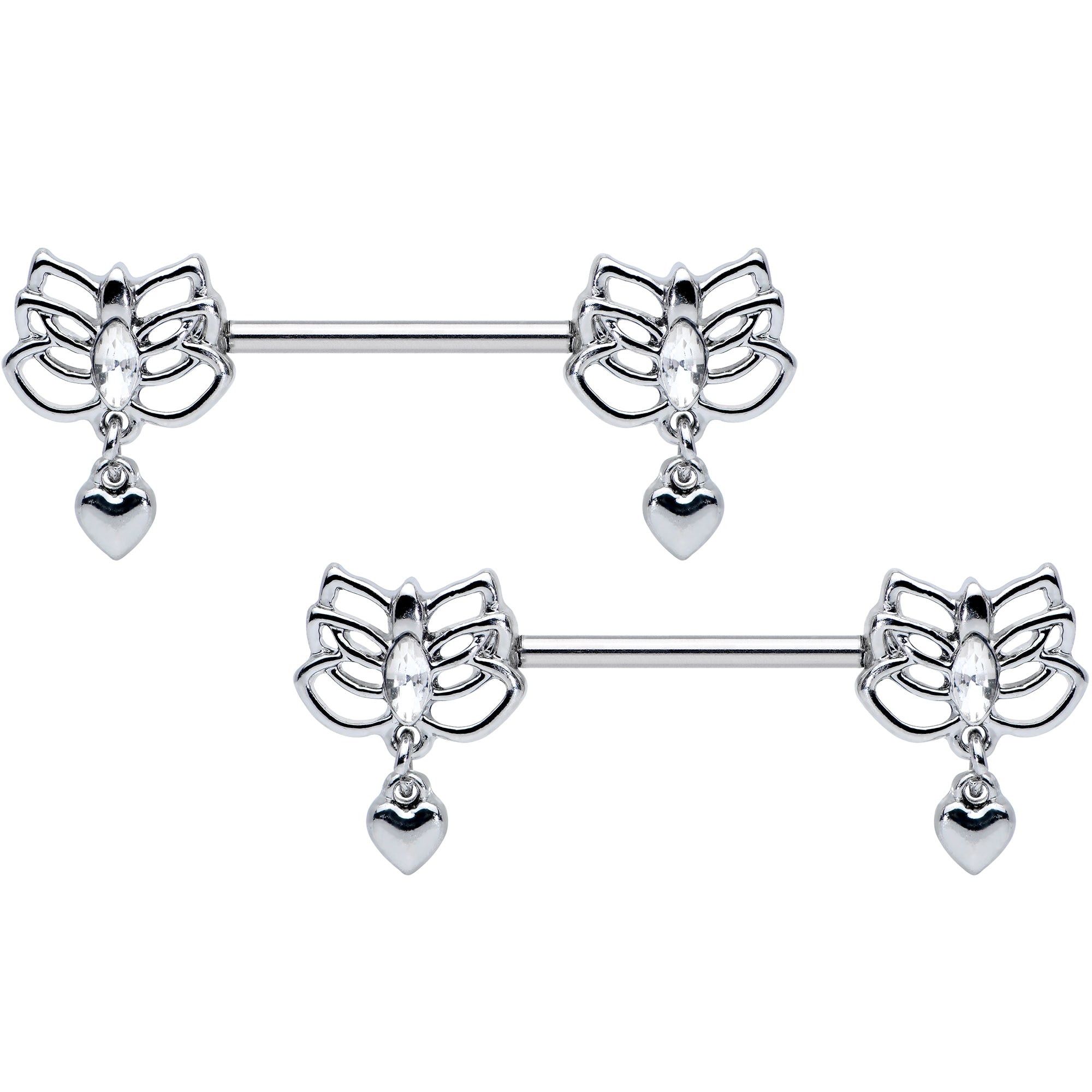 14G 5/8 Clear Gem Lotus Heart Dangle Barbell Nipple Ring Set