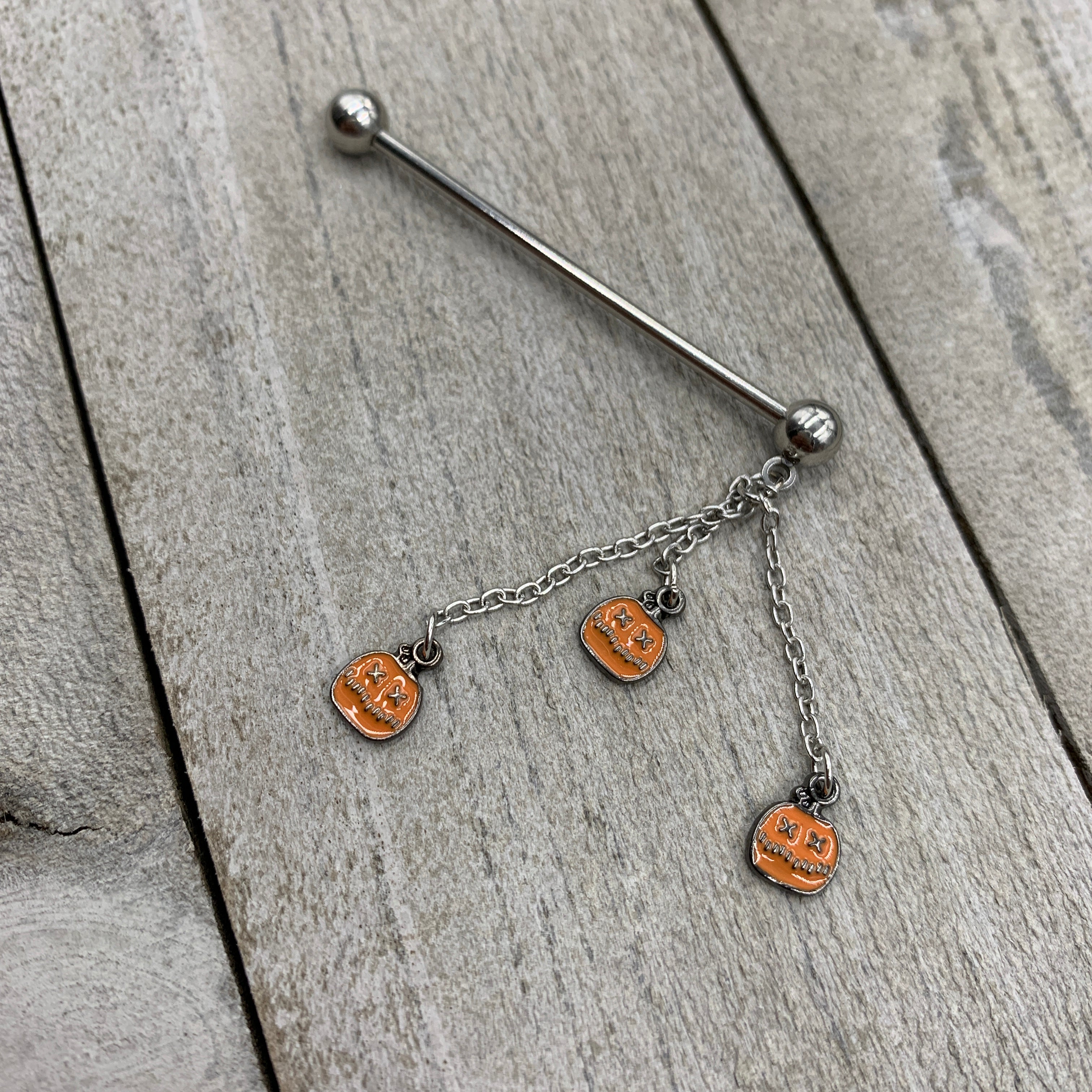 14G Halloween Pumpkin Chain Dangle Industrial Barbell 38mm
