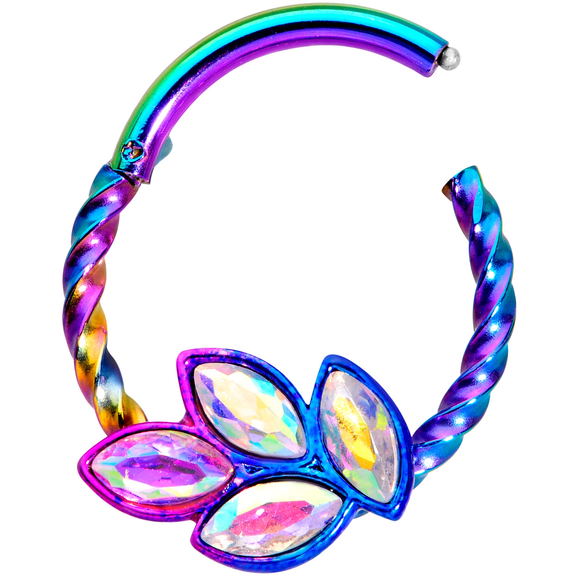 16G 3/8 Aurora Gem Rainbow Oval Quartet Twisted Cartilage Clicker