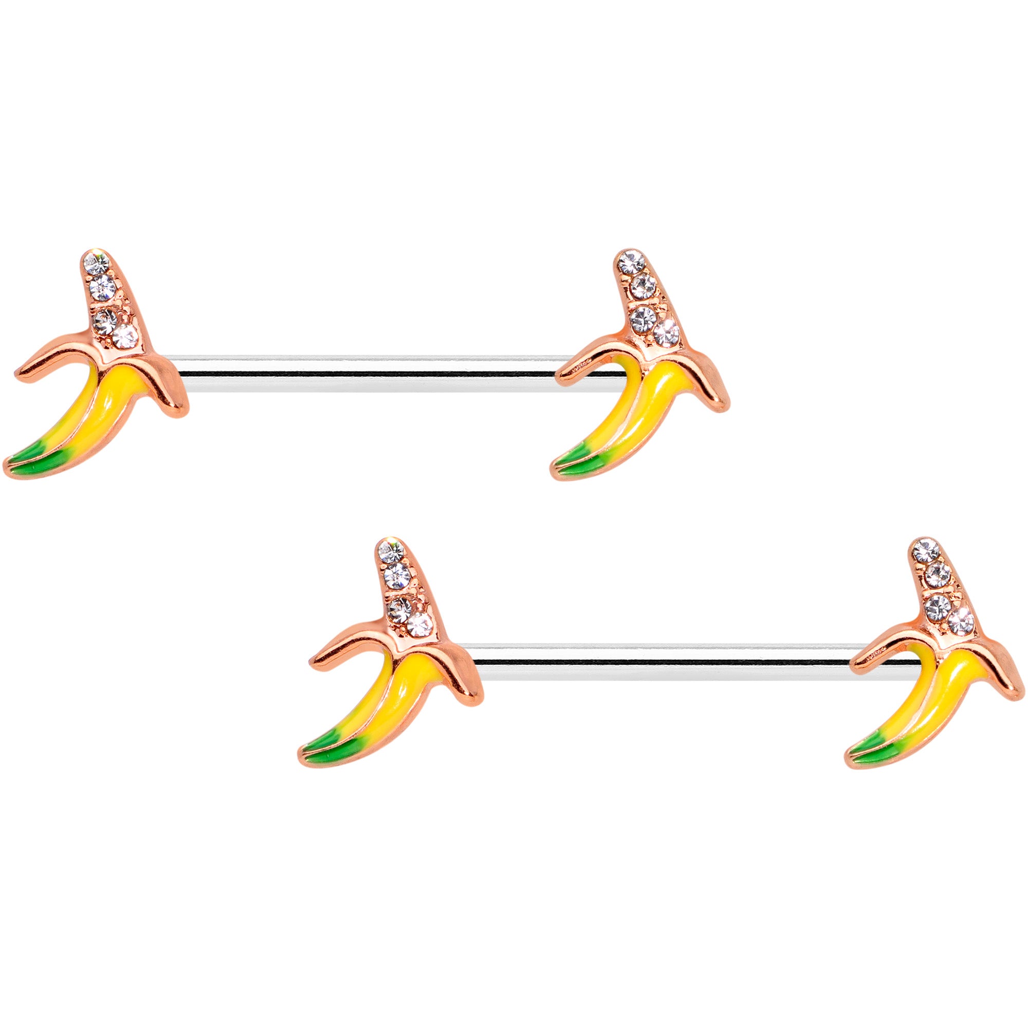 14G 9/16 Clear CZ Gem Rose Gold Tone Banana Barbell Nipple Set