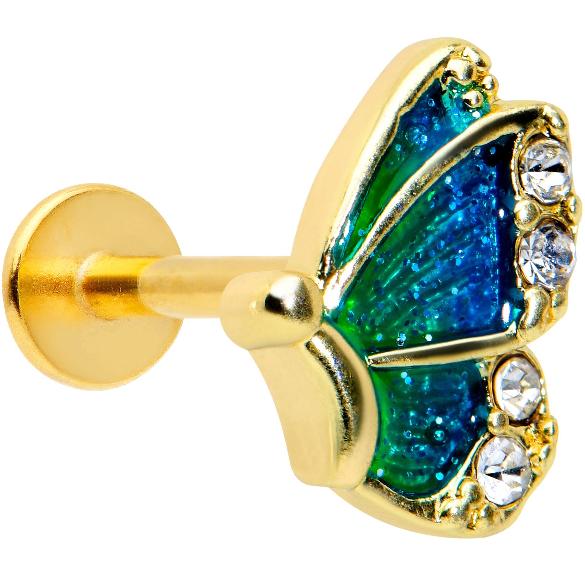 16G 5/16 Clear Gem Gold Tone Blues Butterfly Labret Monroe Tragus