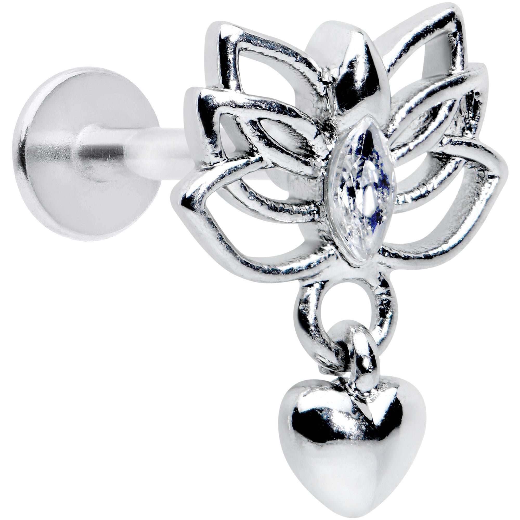 16G 5/16 Clear Gem Lotus Heart Dangle Labret Monroe Tragus