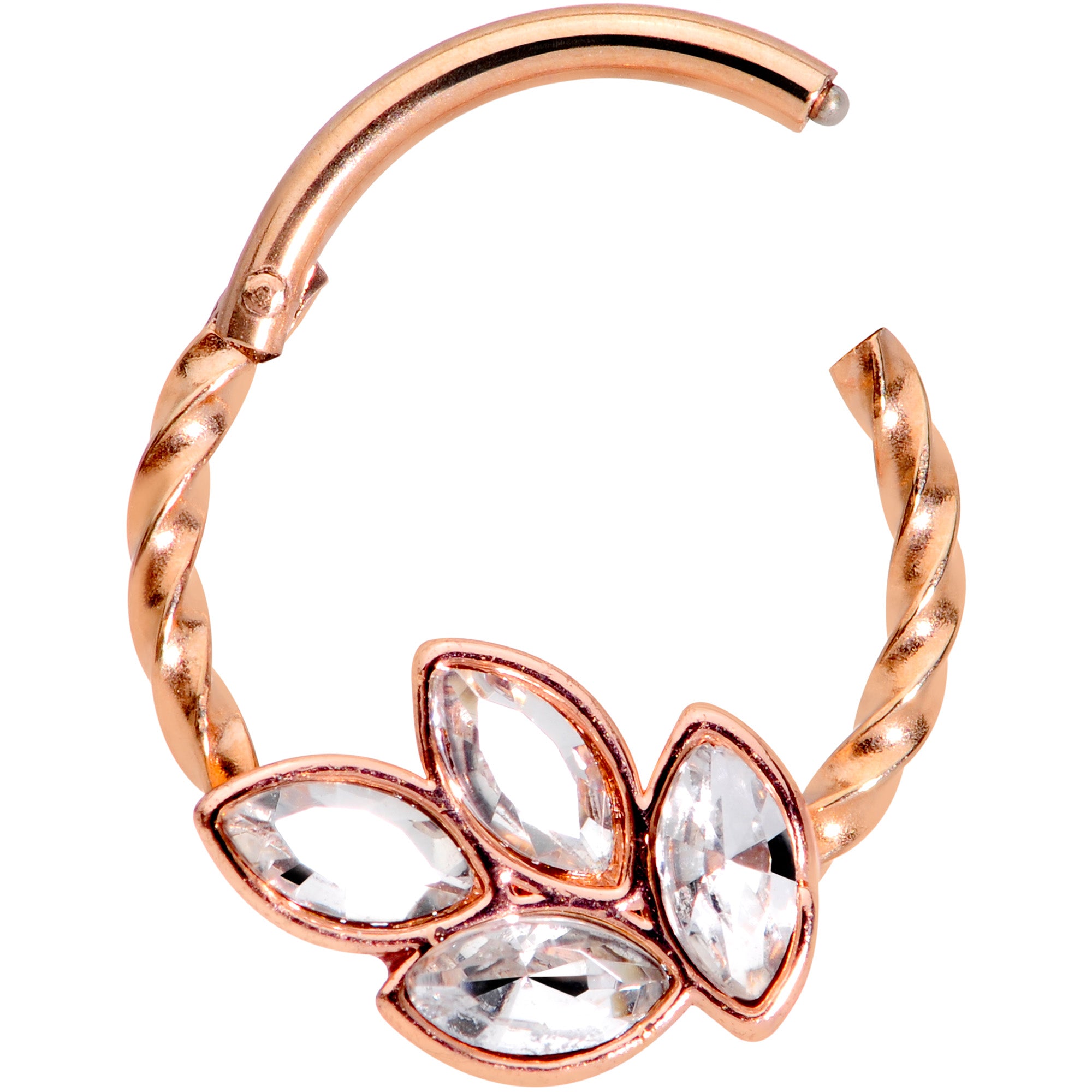 16G 3/8 Clear Gem Rose Gold Tone Oval Twisted Cartilage Clicker