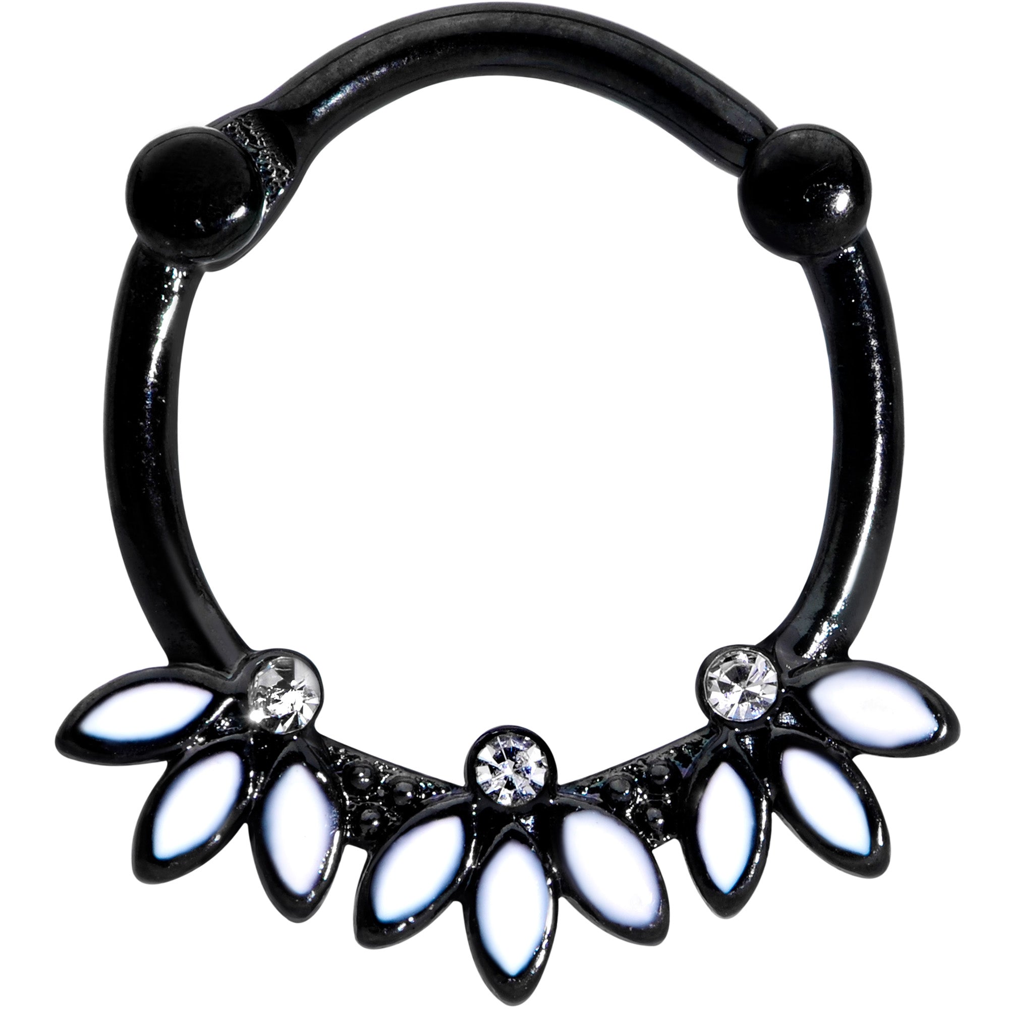 16G 3/8 Clear Gem Black White Leaves Cartilage Clicker