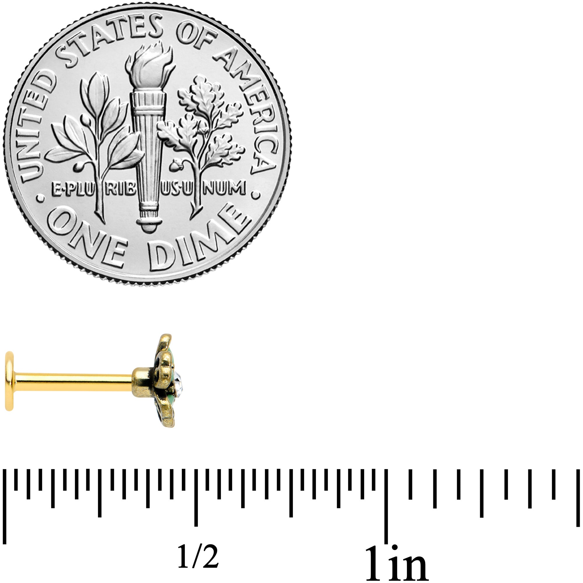 16G 5/16 Clear Gem Gold Tone Green Flower Labret Monroe Tragus