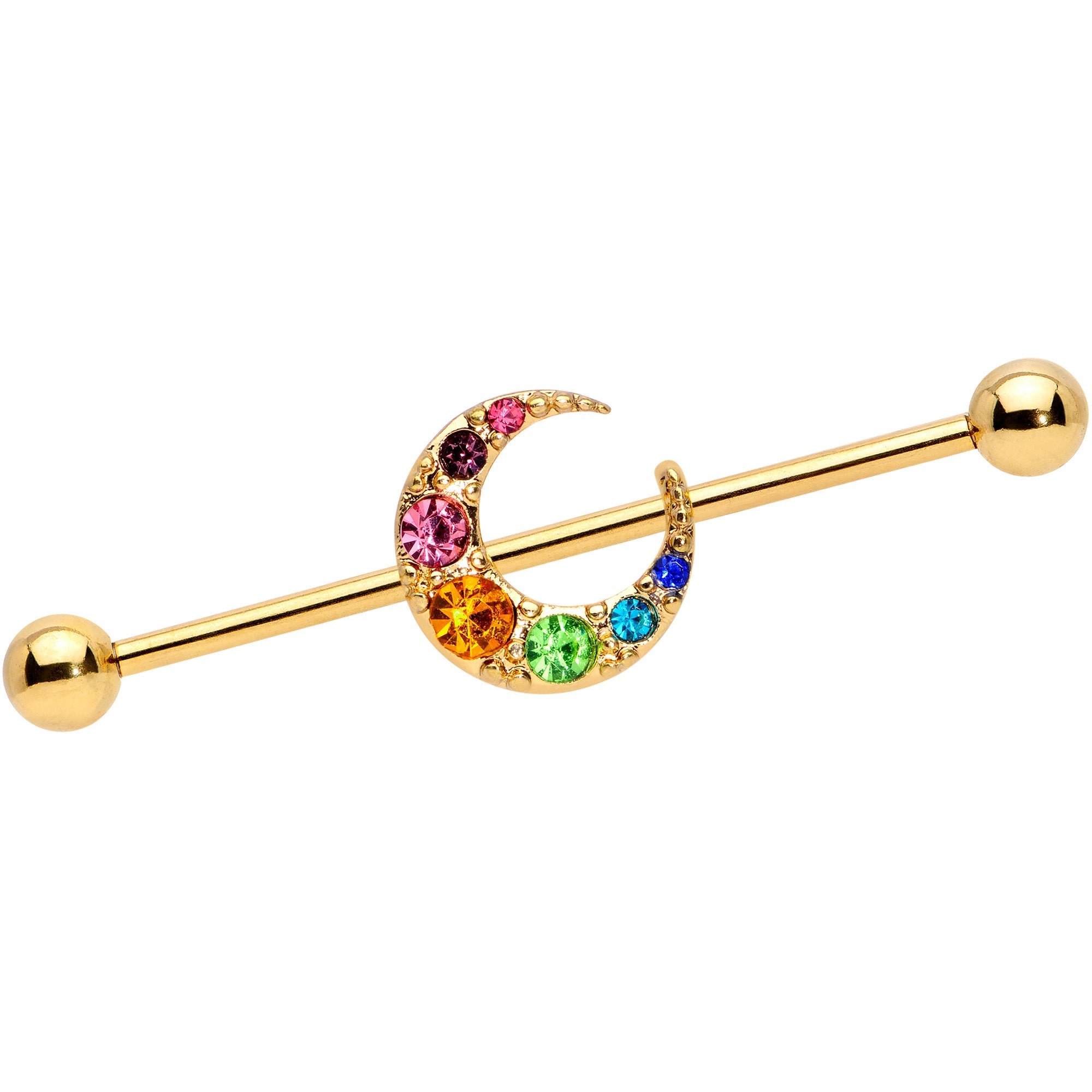 14G Rainbow Gem Gold Tone Crescent Moon Industrial Barbell 38mm