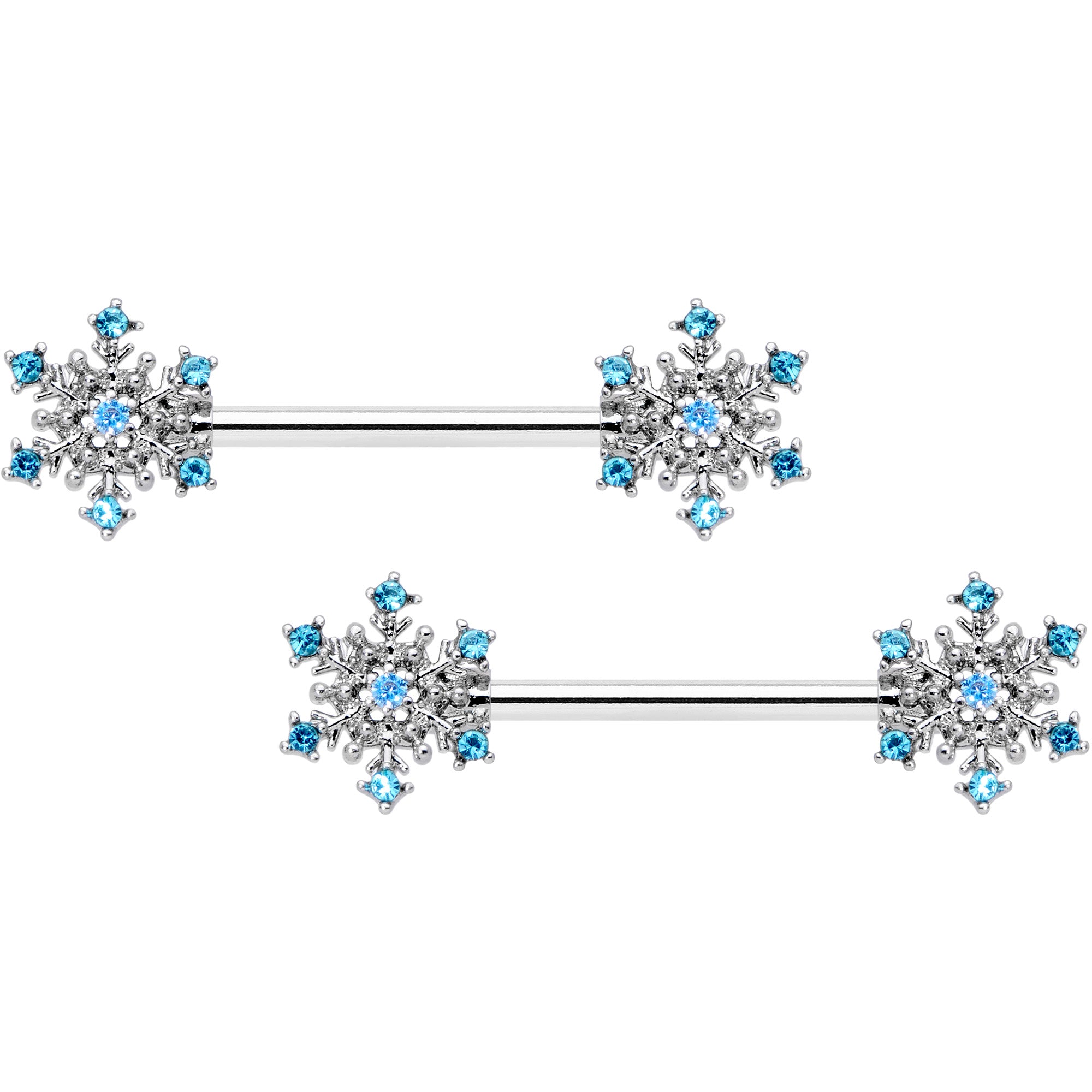 14G 9/16 Aqua Gem Snowflake Christmas Barbell Nipple Ring Set
