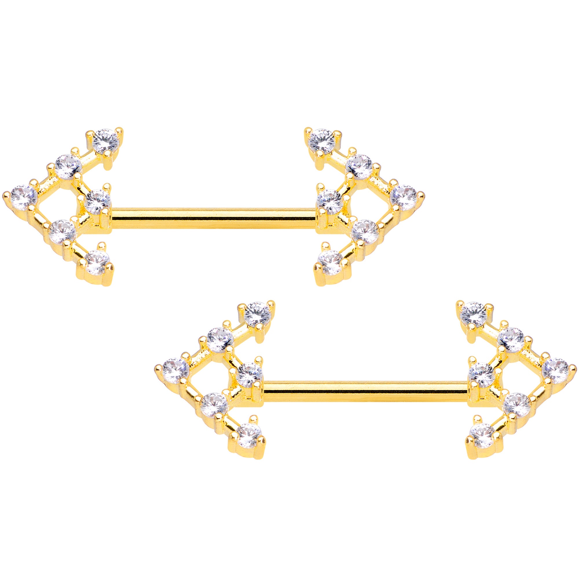 14G 9/16 Clear Gem Gold Tone Arrow Barbell Nipple Ring Set