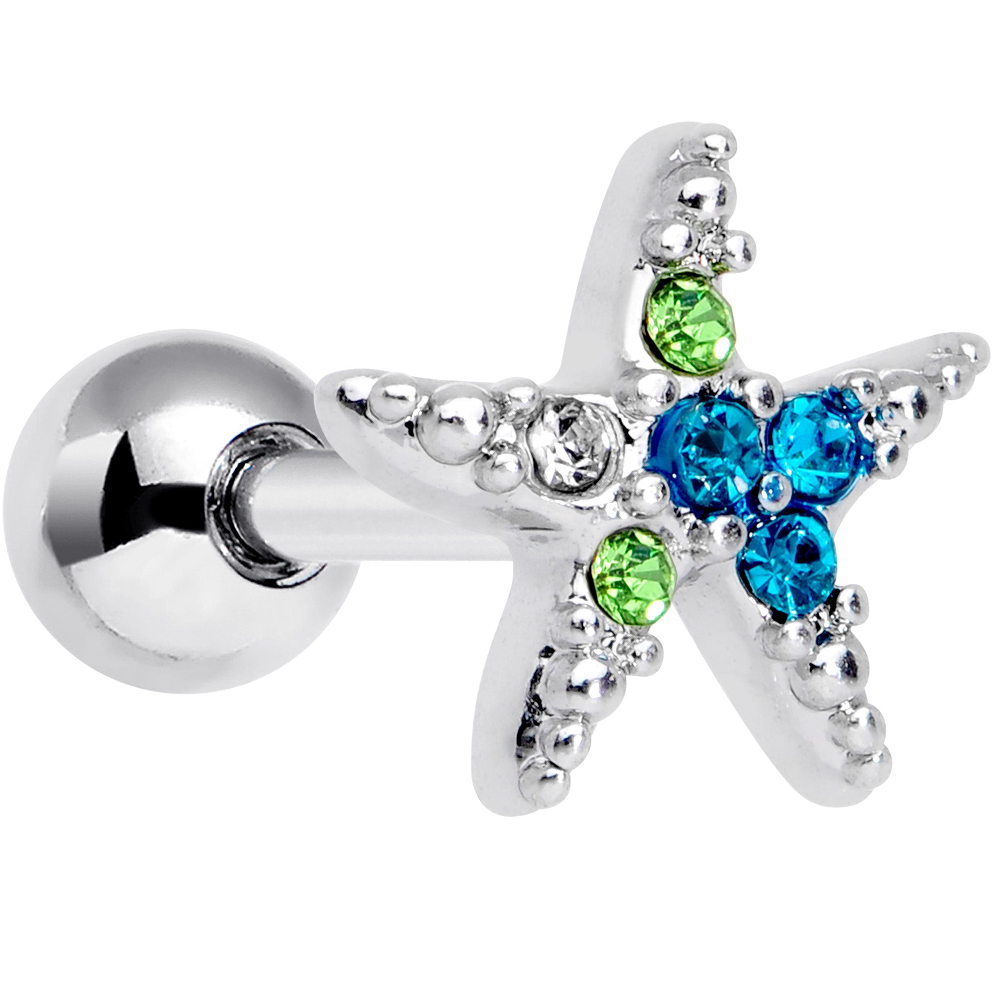 16G 1/4 Blue Green Gem Glam Starfish Cartilage Tragus