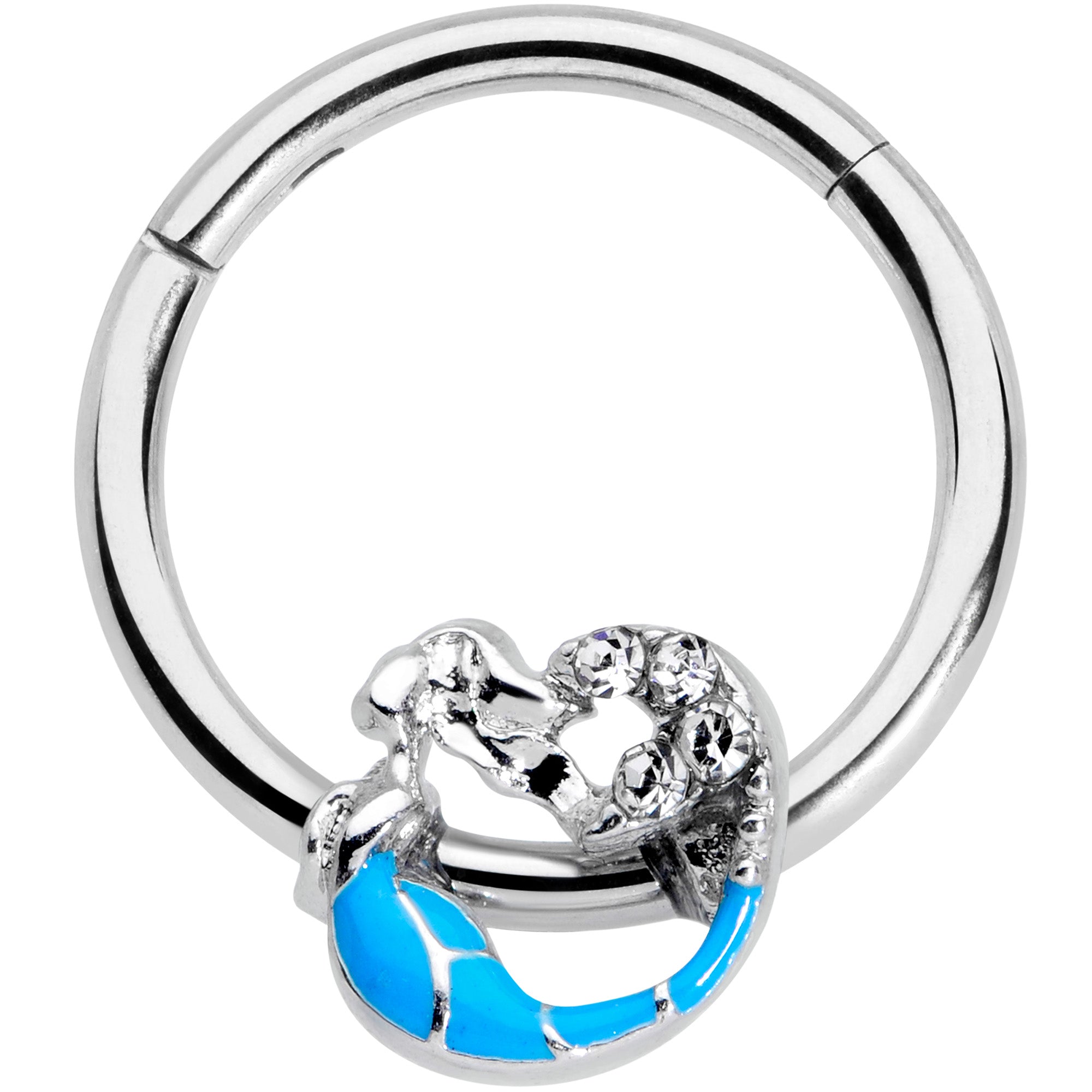 16G 3/8 Clear Gem Blue Curved Mermaid Hinged Segment Ring