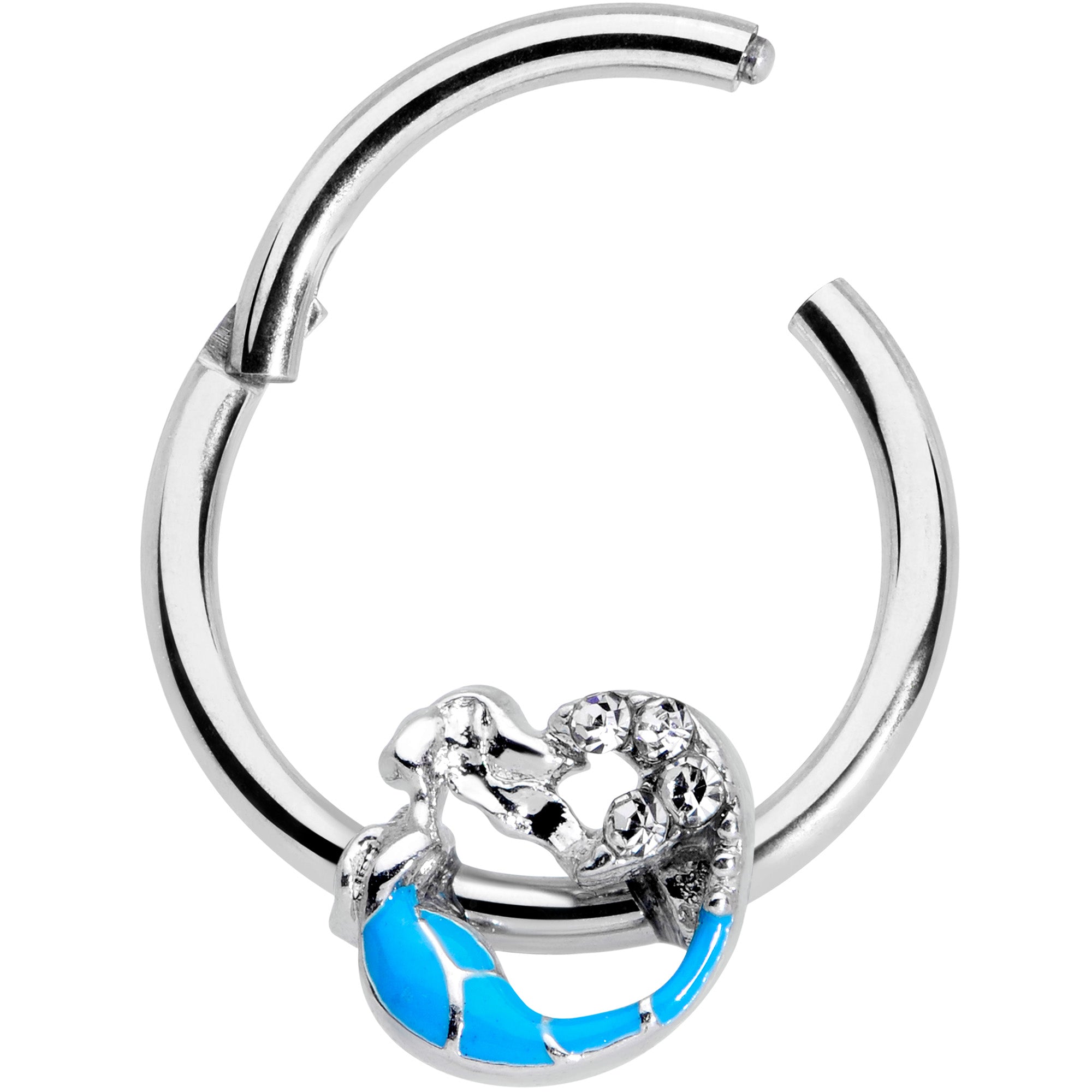 16G 3/8 Clear Gem Blue Curved Mermaid Hinged Segment Ring