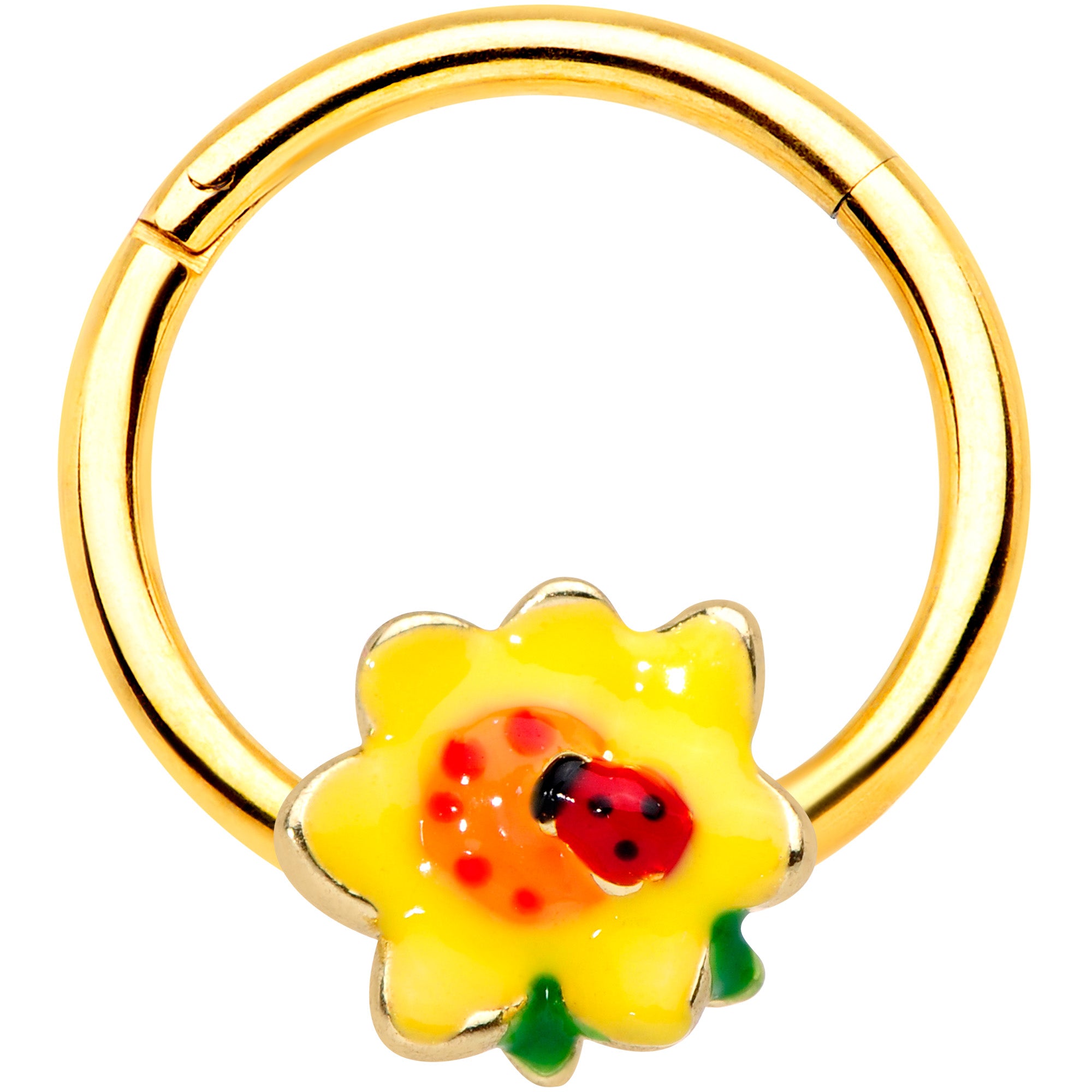 16G 3/8 Gold Tone Sunny Flower Ladybug Hinged Segment Ring