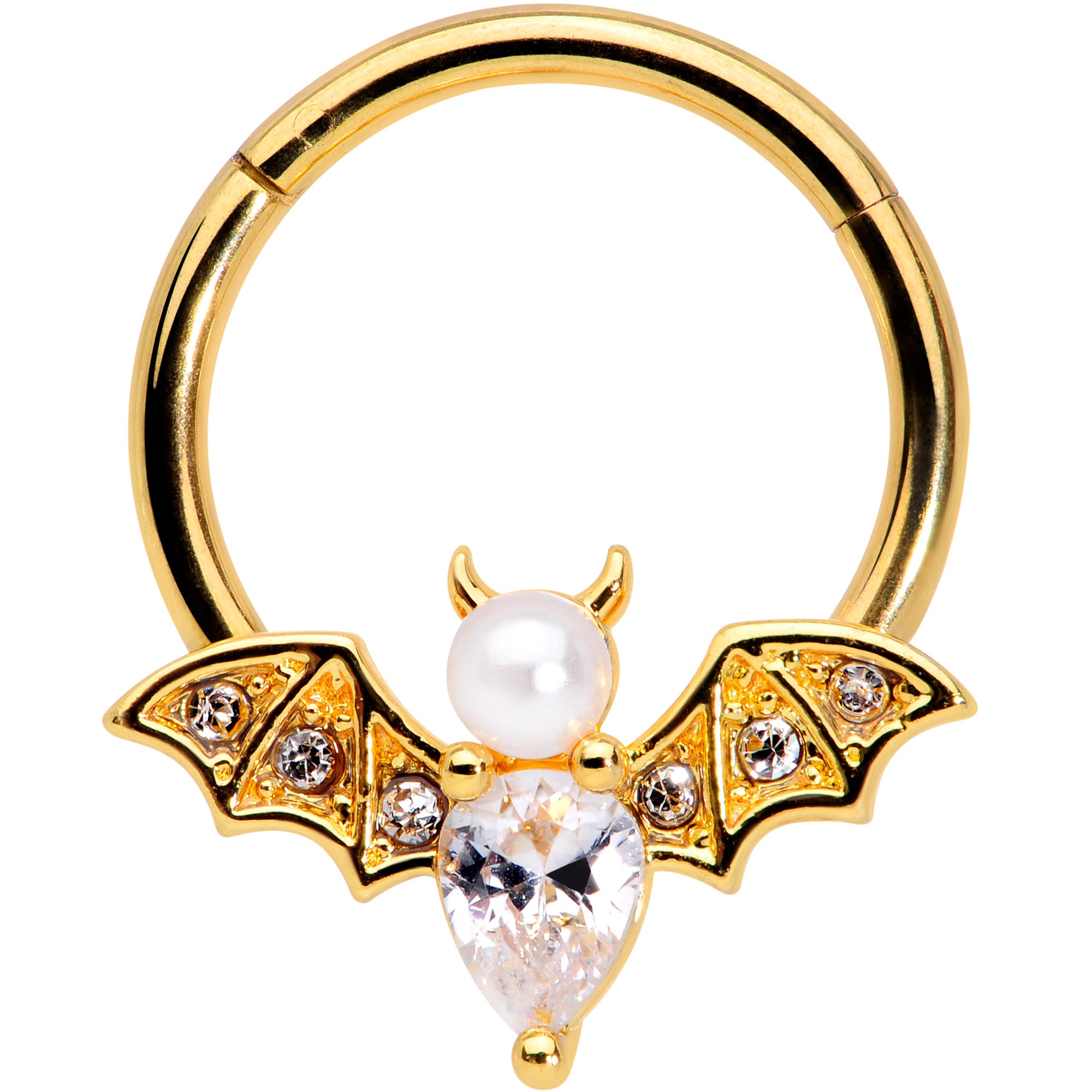 16G 3/8 Clear Gem Gold Tone Bat Halloween Hinged Segment Ring