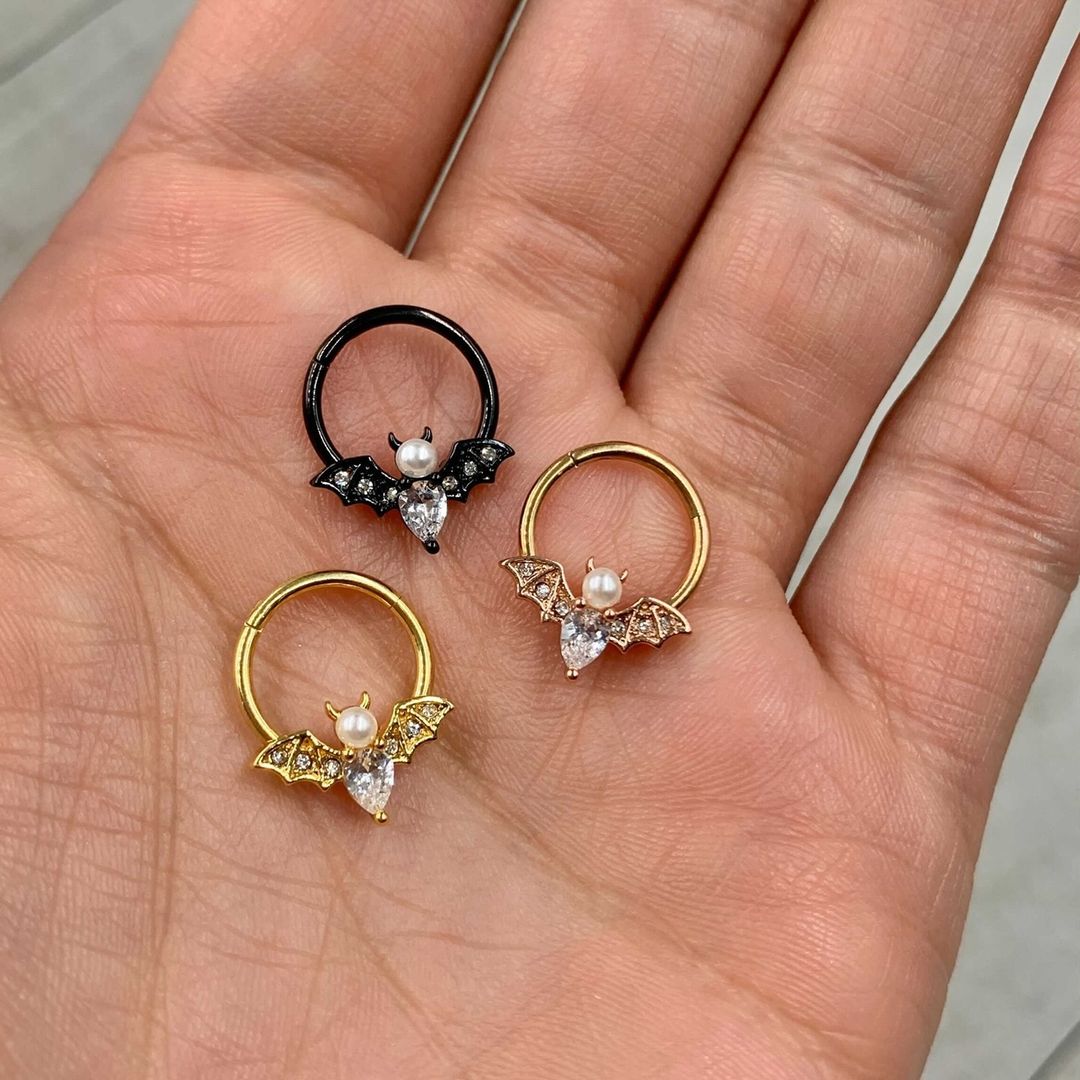 16G 3/8 Clear Gem Rose Gold Tone Bat Halloween Segment Ring