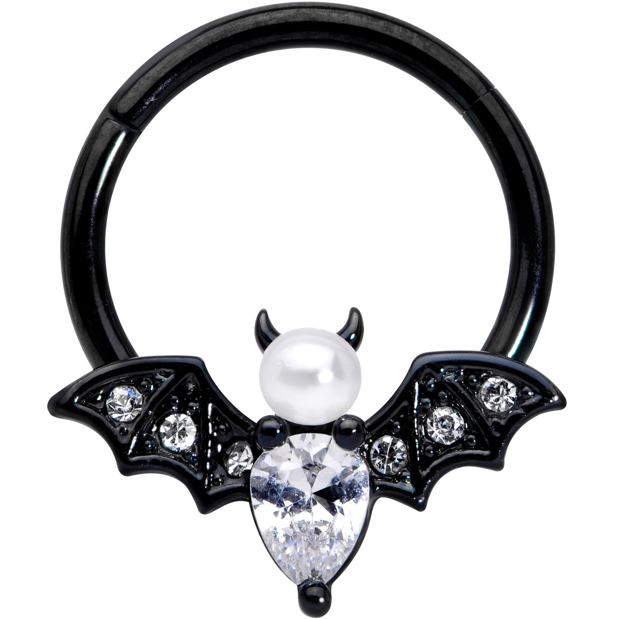 16G 3/8 Clear Gem Black Bat Halloween Hinged Segment Ring