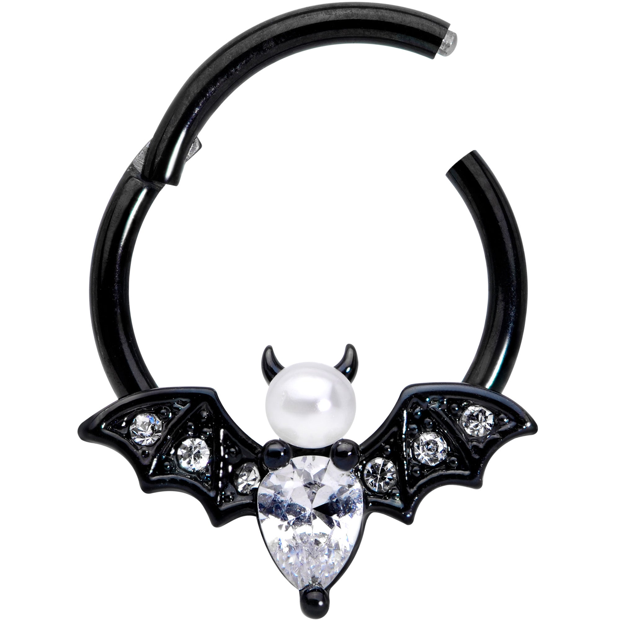 16G 3/8 Clear Gem Black Bat Halloween Hinged Segment Ring