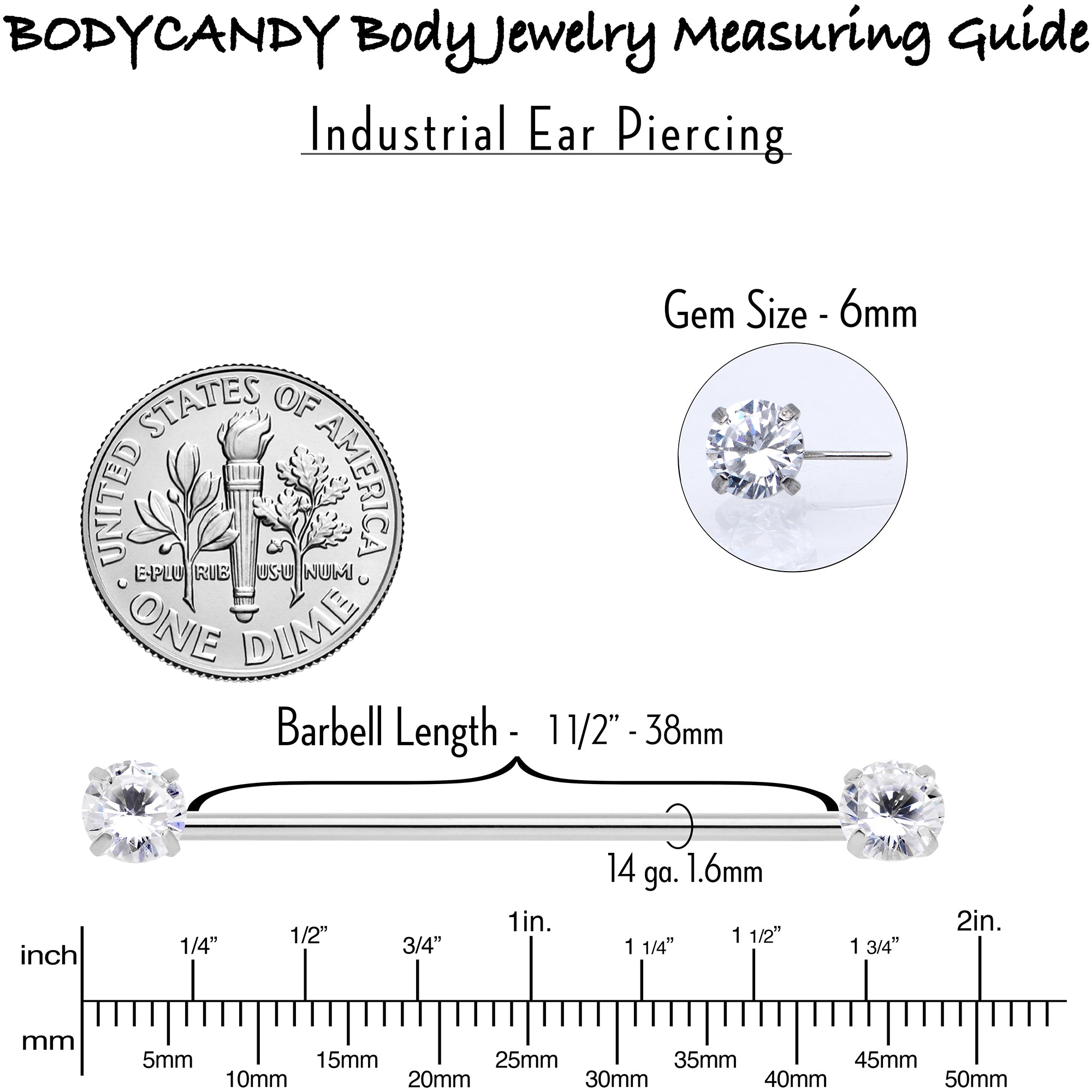 14G Clear CZ Gem Threadless Industrial Barbell 38mm