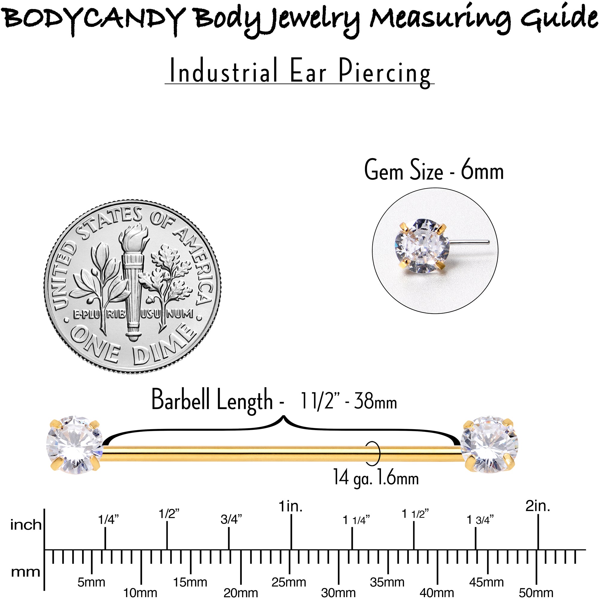 14G Clear CZ Gem Gold Tone Threadless Industrial Barbell 38mm