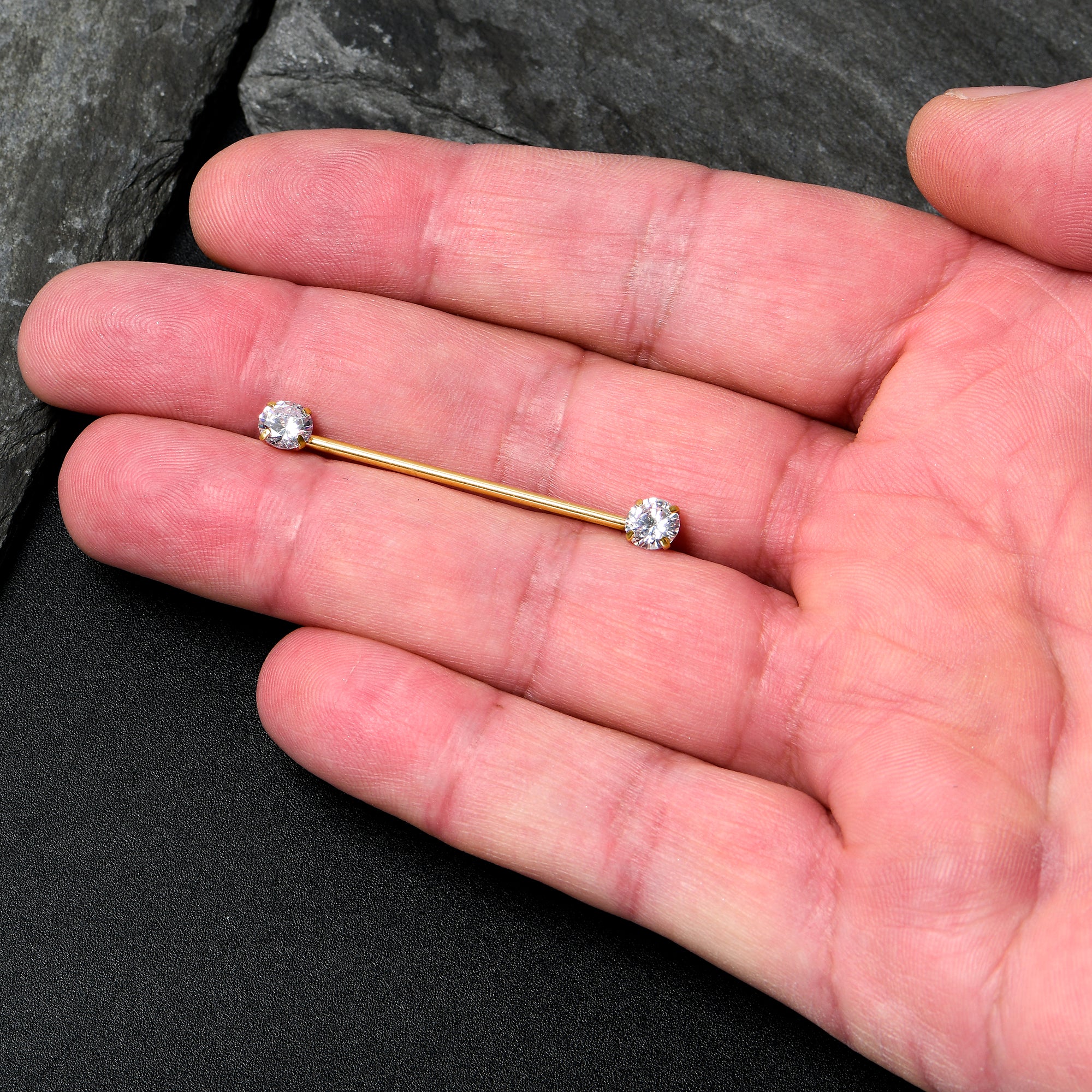 14G Clear CZ Gem Gold Tone Threadless Industrial Barbell 38mm