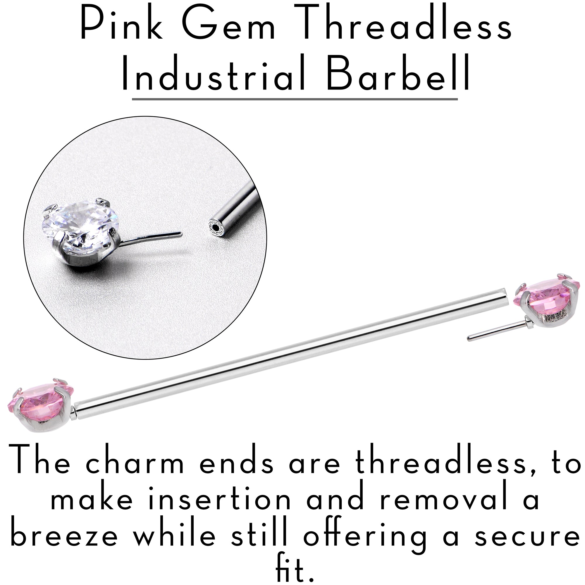 14G Pink CZ Gem Threadless Industrial Barbell 38mm