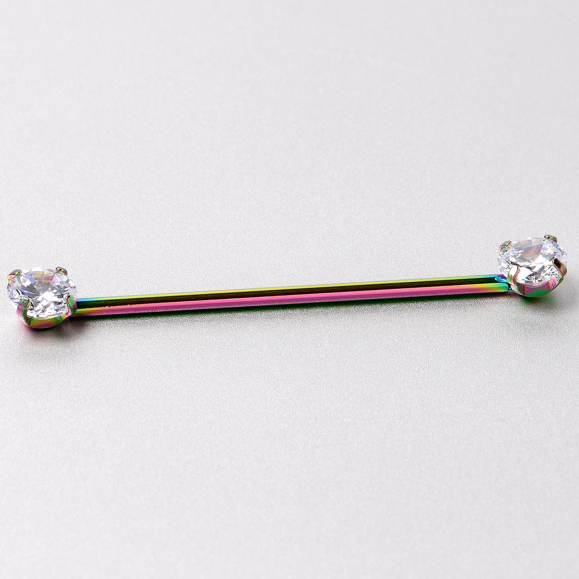 14G Clear CZ Gem Rainbow Threadless Industrial Barbell 38mm