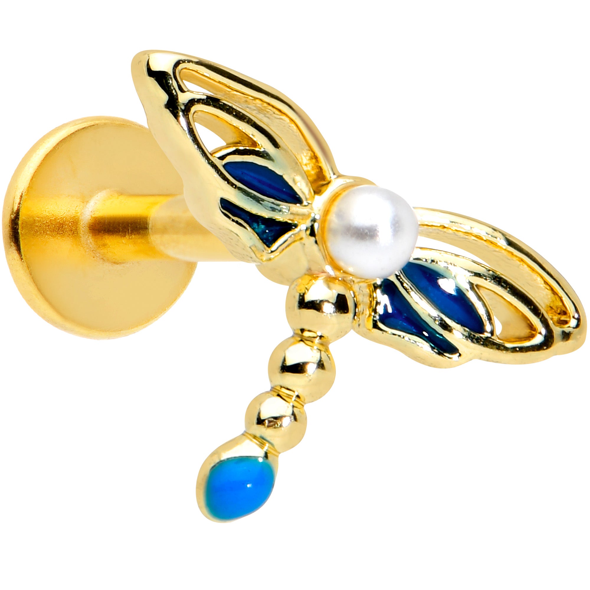 16G 1/4 Gold Tone White Orb Dragonfly Labret Monroe Tragus