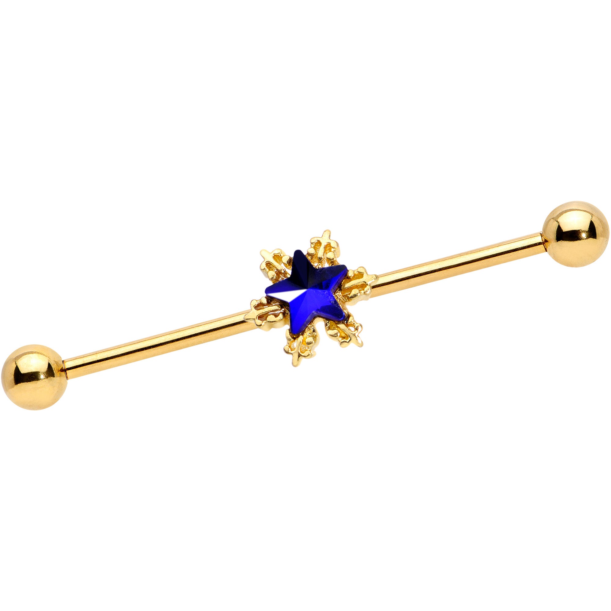 14G Blue Gem Gold Tone Star Industrial Barbell 38mm