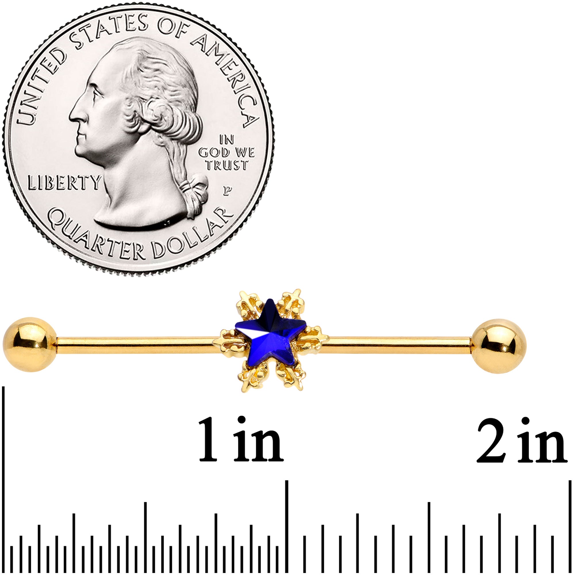 14G Blue Gem Gold Tone Star Industrial Barbell 38mm